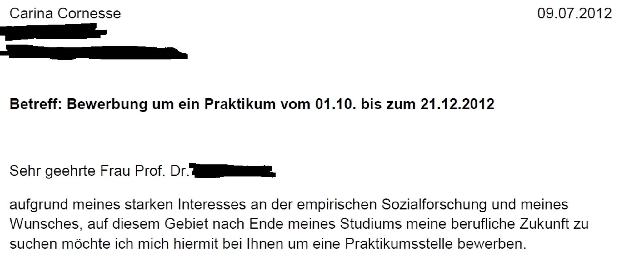 Student internship application letter from 2012 (in German)