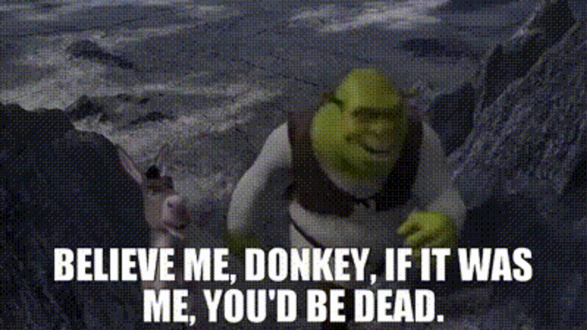 Gif of Shrek and Donkey approaching the fiery volcano where Fiona's tower is, where Donkey smells the sulfur and assumes Shrek farted.

The caption is Shrek's reply "Believe me, Donkey, if it was me, you'd be dead."