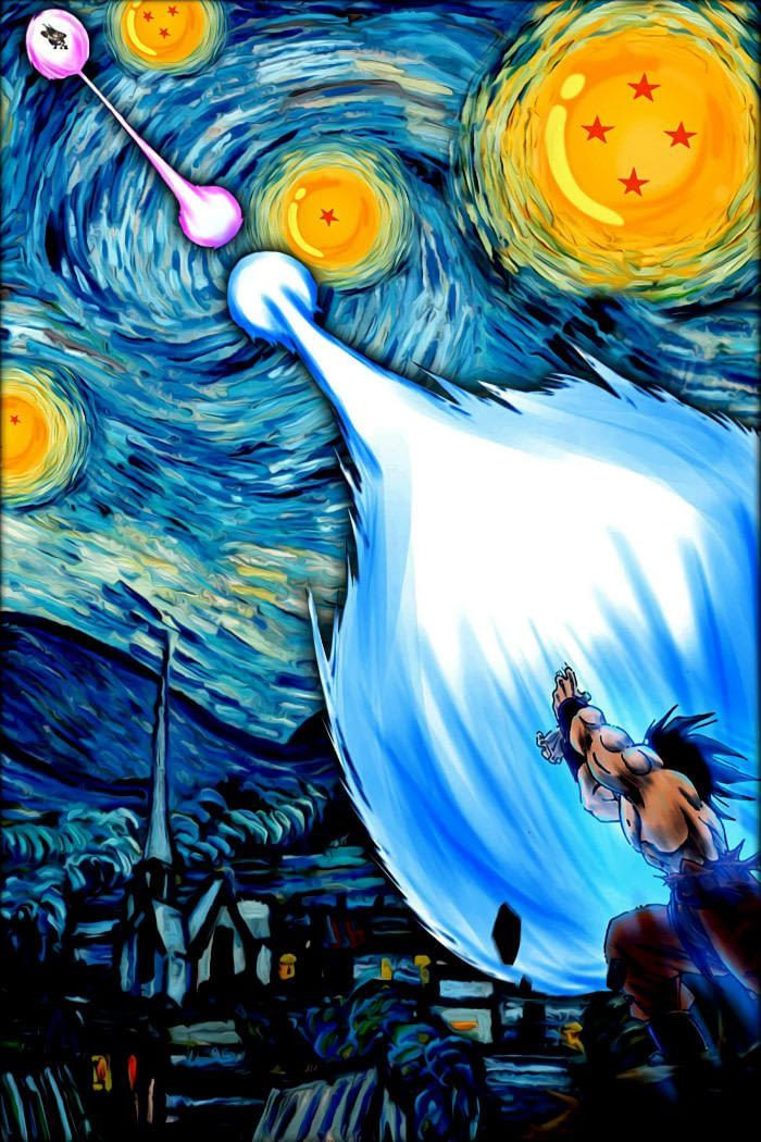 Van Gogh's Starry Night, but the stars are dragonballs in the center, and Dragonball Super Goku is firing a massive Kamehameha wave at someone else who is firing back the same. 

It looks awesome.