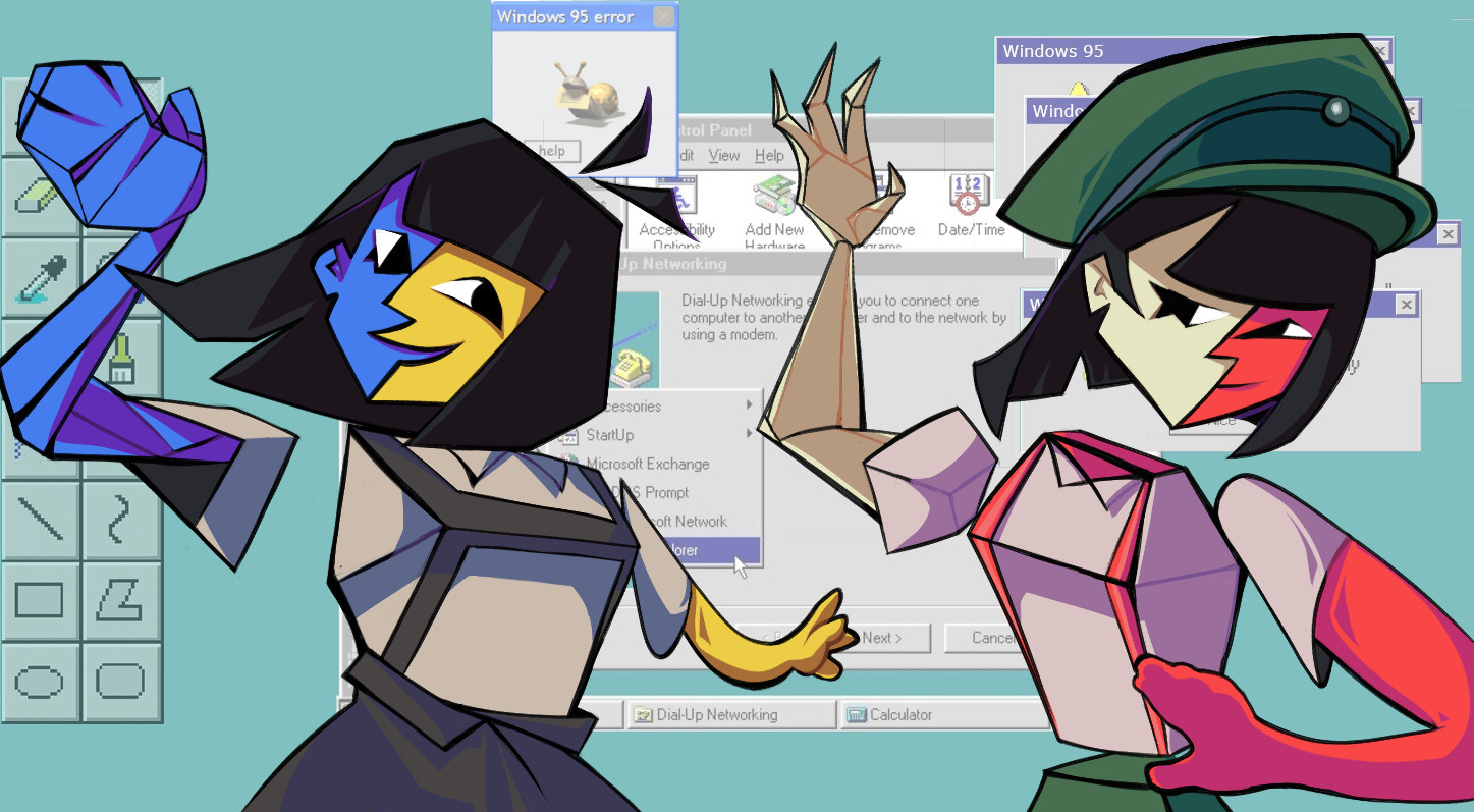 Art of Two Ena's (one old, one new) from the Joel G series in poses with hands above their heads in front of a 90's PC mock-up