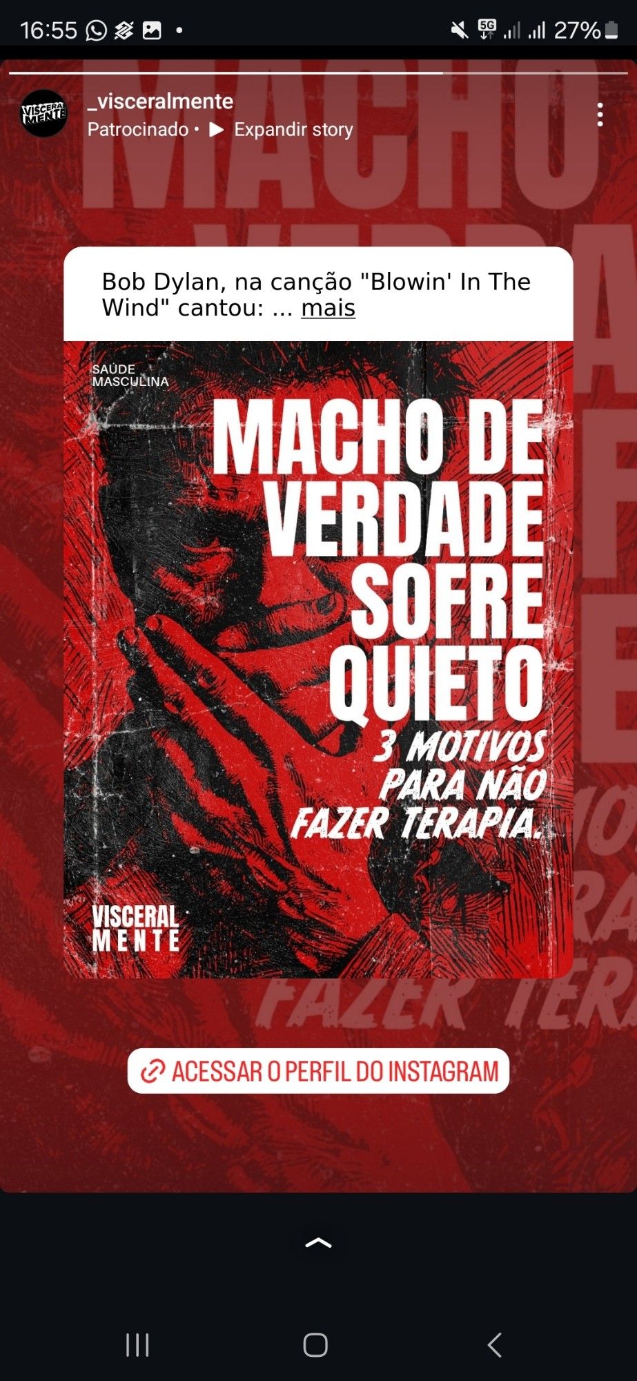 Print de um anuncio do instagram em sua maioria na cor vermelha com os dizeres em branco: "macho de verdade sofre quieto. 3 motivos para nao fazer terapia".