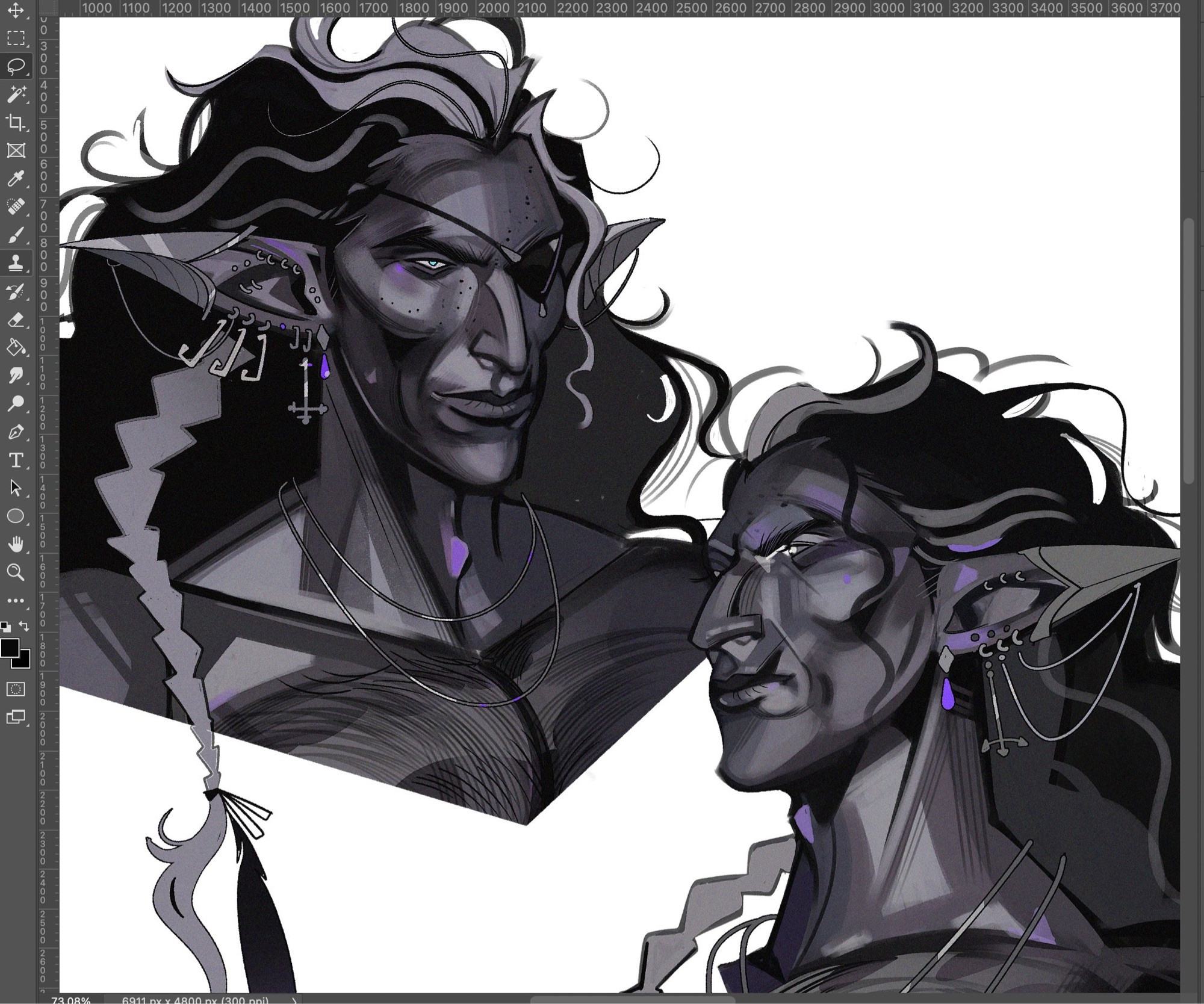 face study of a male elf with dark skin and wavy hair