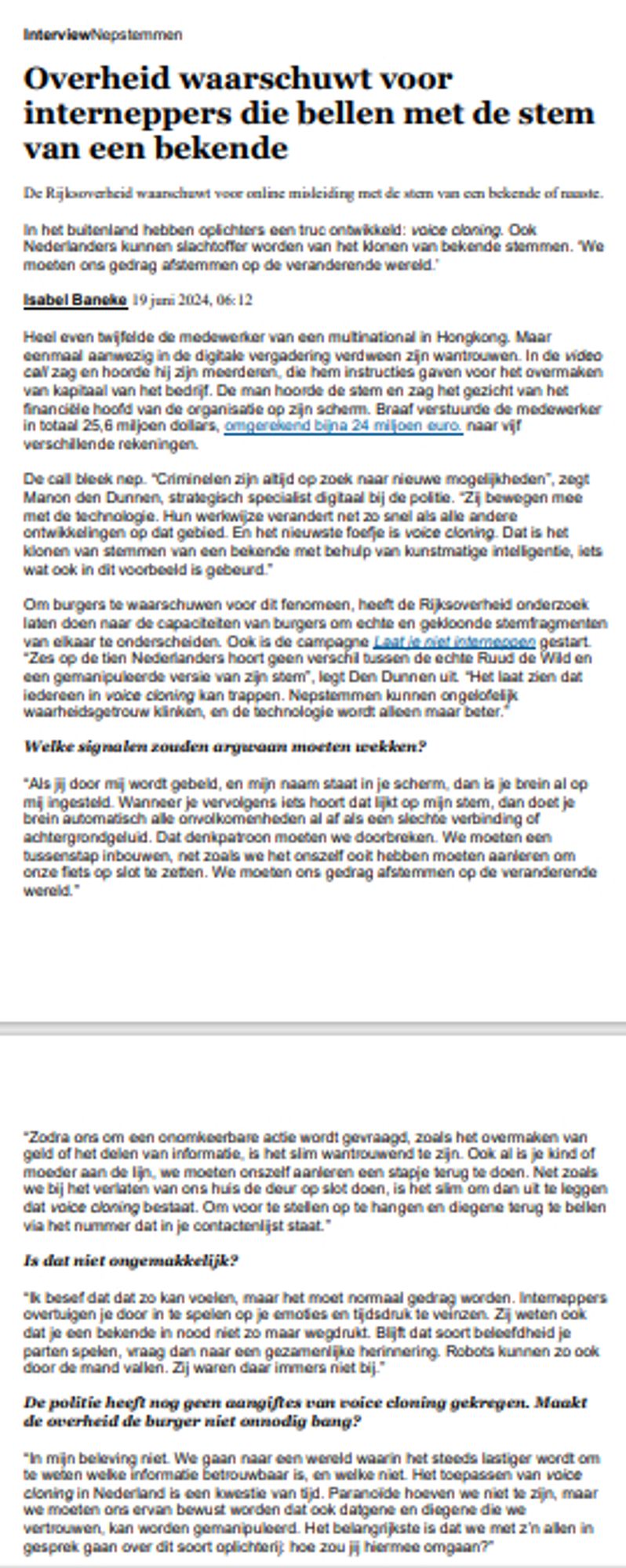 Artikel in Trouw over voicecloning.