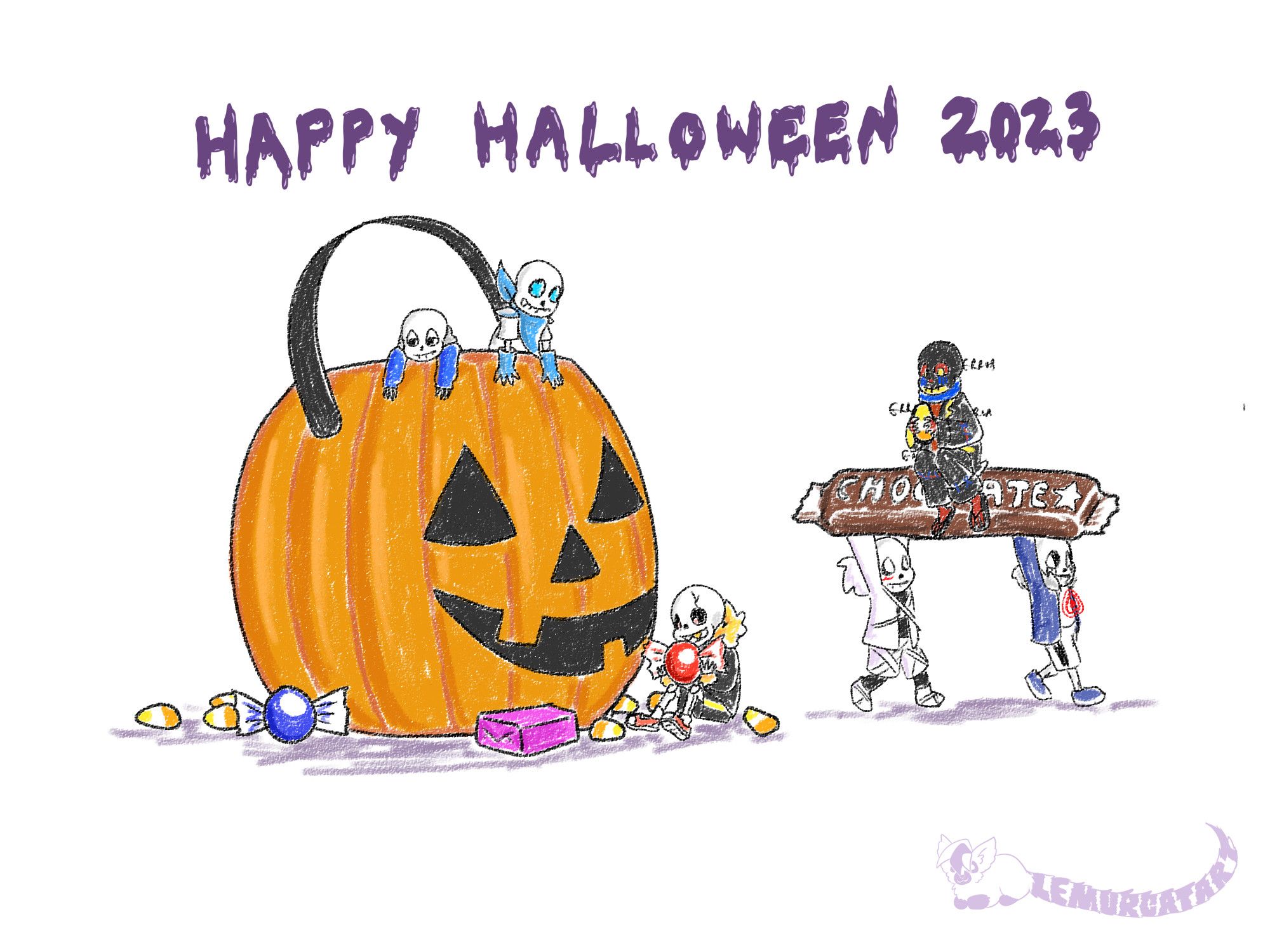 Tiny Sans and Blueberry are in a jack-o-lantern-shaped bucket. Red sits next to it holding a candy. Cross and Killer are carrying away a chocolate bar, on which Error is sitting.