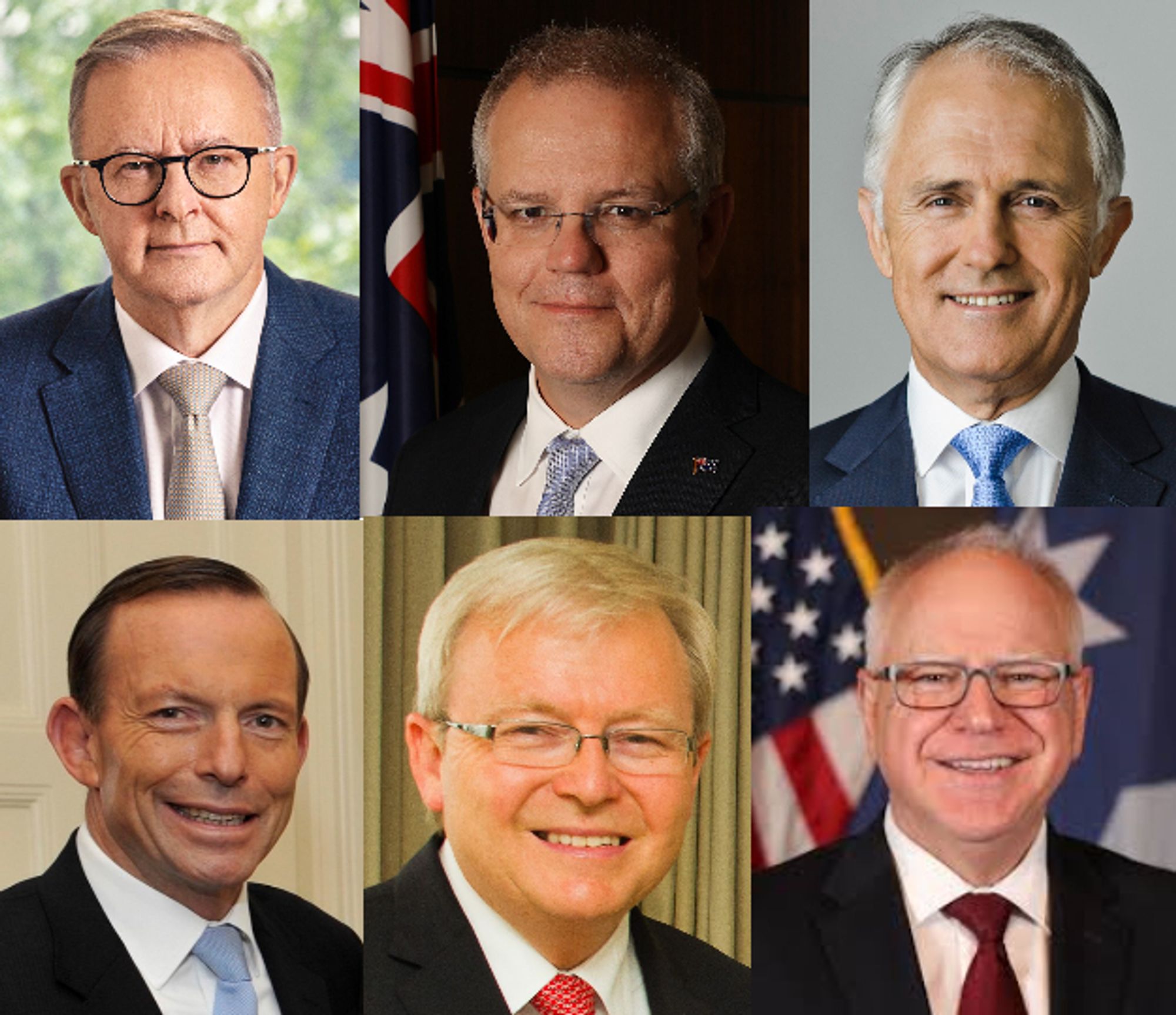 Headshots of the last 5 australian Prime Ministers, Anthony Albanese, Scott Morrison, Malcolm Turnbull, Tony Abbot, Kevin Rudd

Next to a photo of Kamala Harris' Vice President pick Tim Walz