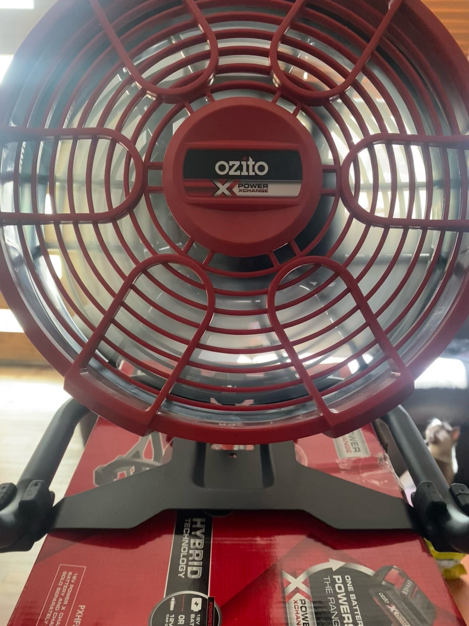 Ozito battery powered fan in operation