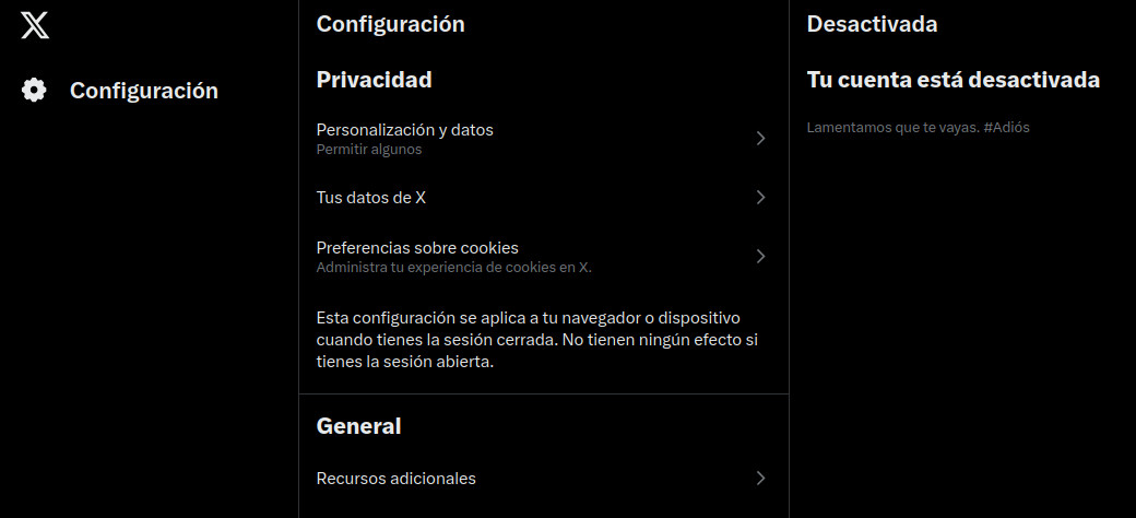 Captura de pantalla de X que muestra el mensaje "Tu cuenta está desactivada". 