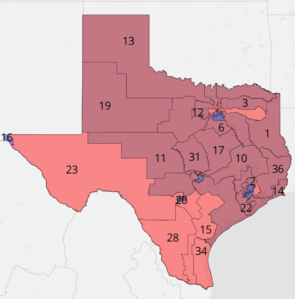 A congressional map of Texas showing the potential redistricting of the state by Texas Republicans—the map is colored showing mostly red.