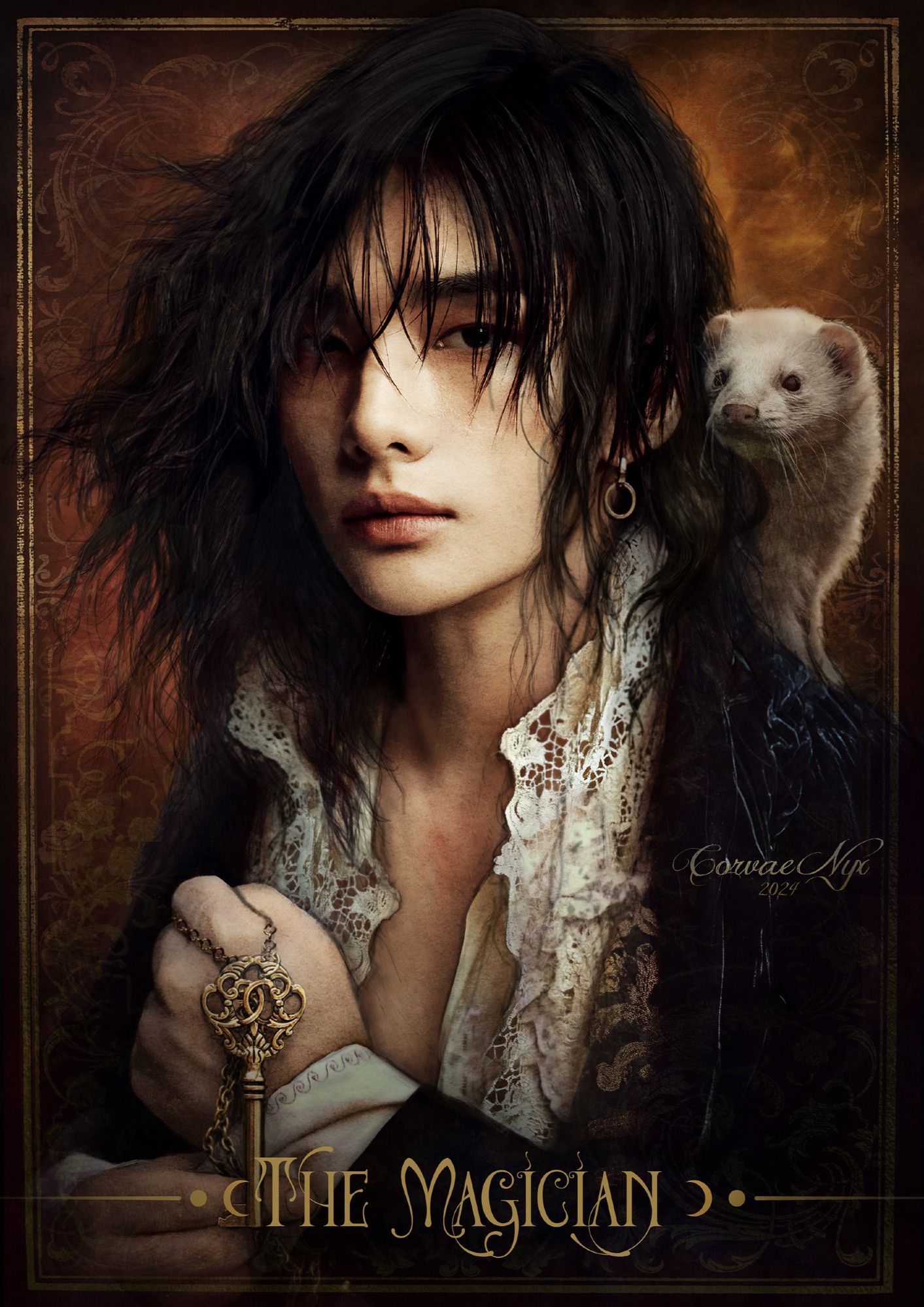 A photomontage fan art image of Hyunjin from Stray Kids as The Magician tarot card. He has a white ferret on his shoulder and is holding a key on a chain.