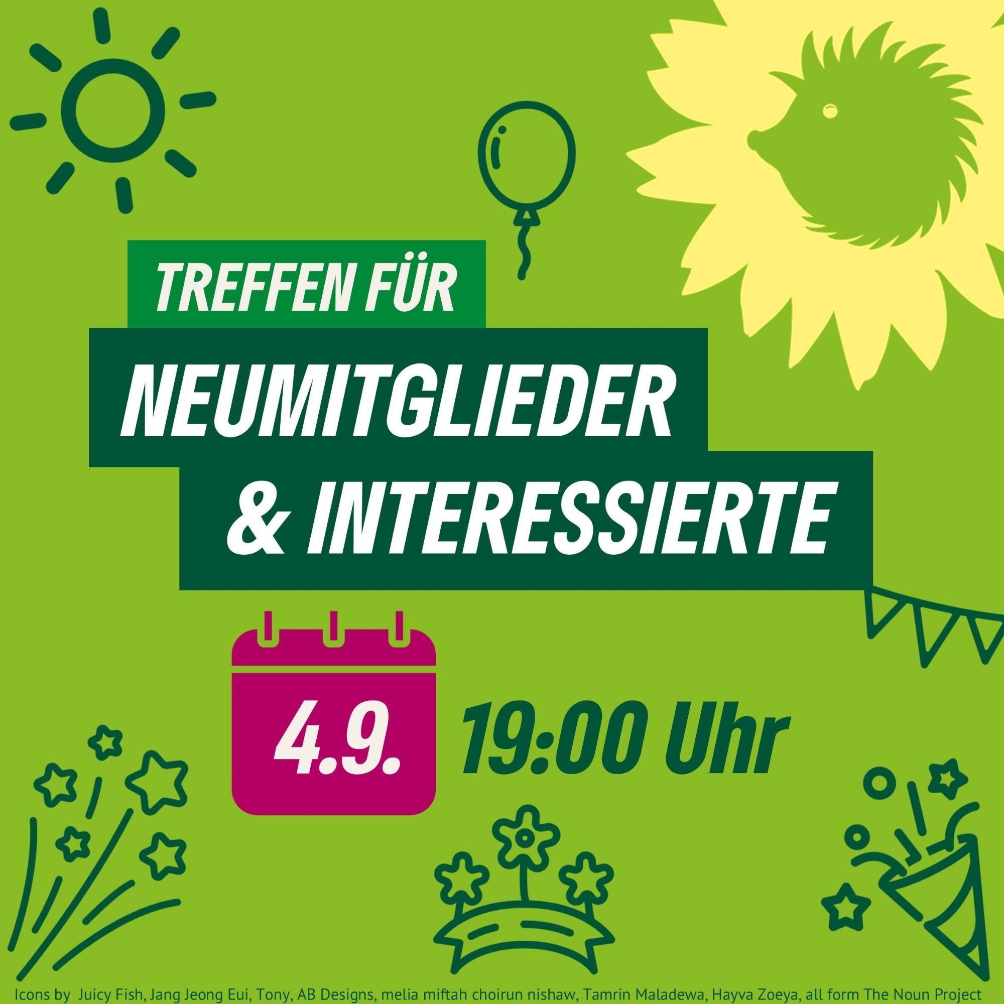 Auf dem Bild steht: Treffen für Neumitglieder und Interessierte. 4.9. 19:00 Uhr.