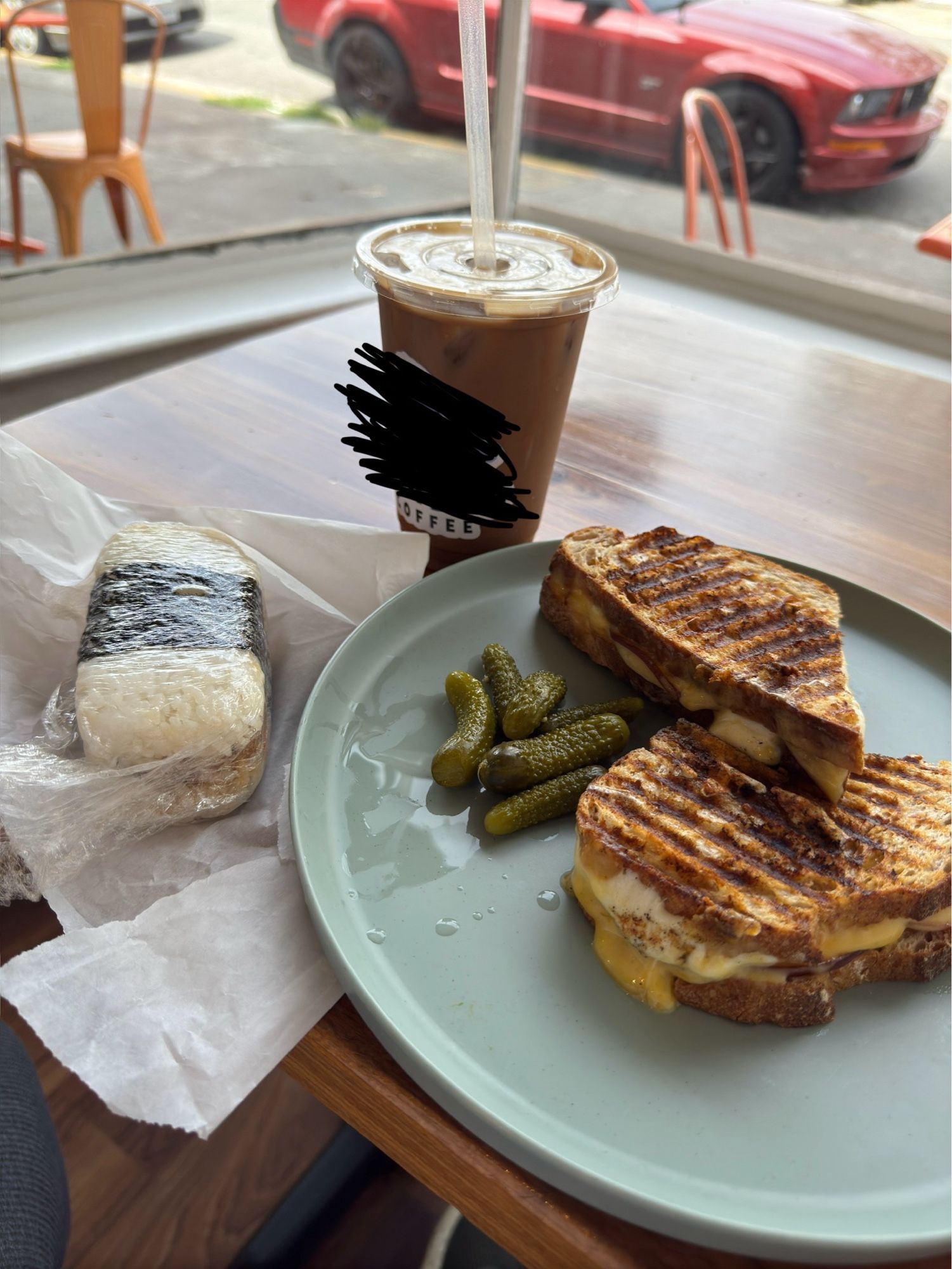 Spam Musubi, Griddled Cheese Panini, and a Iced Mocha in one whole photo.