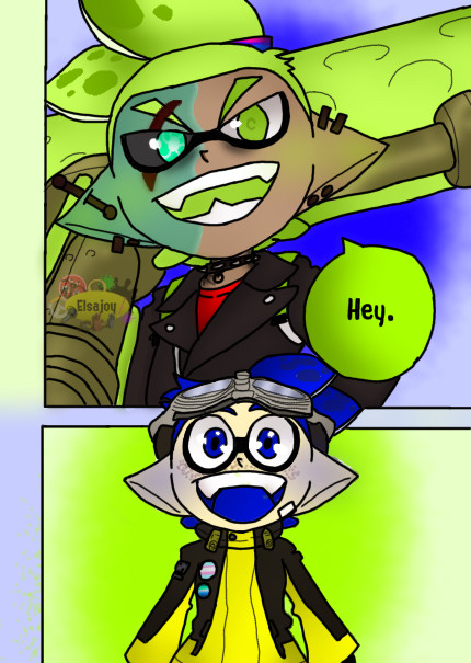 A redraw of a panel from the Splatoon Manga (Coroika) featuring Goggles and Rider :3