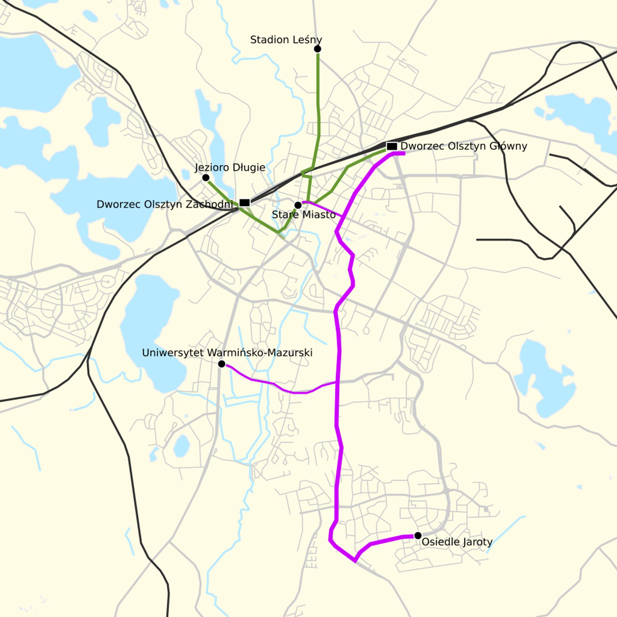 Altes (grün, bis 1965) und neues Straßenbahnnetz (lila, seit 2015) in Olsztyn im Vergleich (neues Netz noch ohne die Erweiterung Ende 2023)

Quelle: By Jkan997 - Own work based on: http://sharemap.org/public/Olsztyn%20tramway%20network#!svgGeo data source:Open Street Map Data (CC-SA-BY)1909 Topographical map (http://igrek.amzp.pl/8796), CC BY-SA 3.0, https://commons.wikimedia.org/w/index.php?curid=17231863