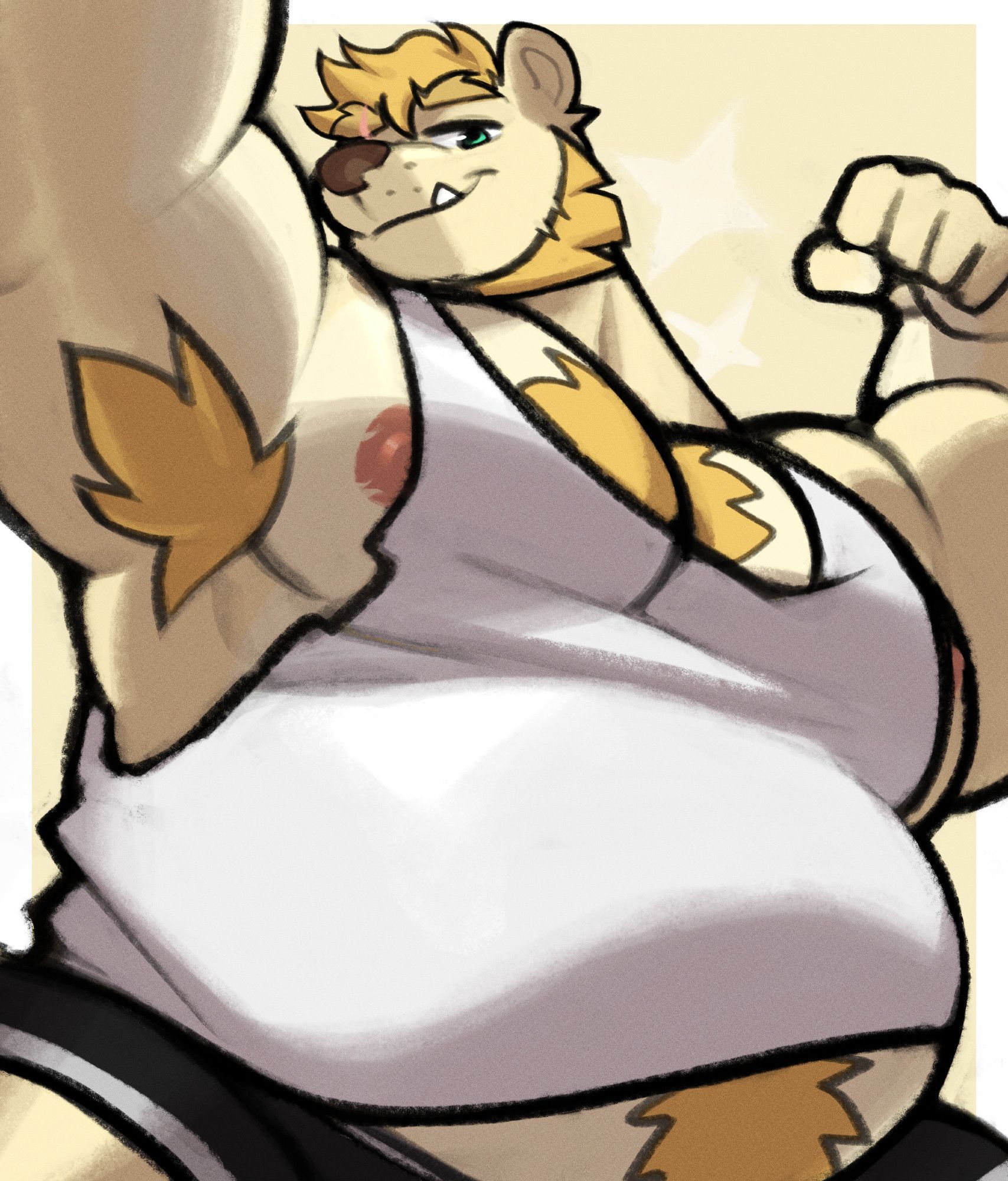 A golden blond anthro bear in a tanktop, flexing with both arms and looking down at the viewer