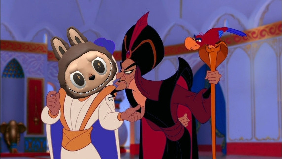 A scene from Aladdin, of Jafar staring down Aladdin while he pretends to be Prince Ali Ababoir. Aladdin's head has been crudely replaced by that of a labubu.