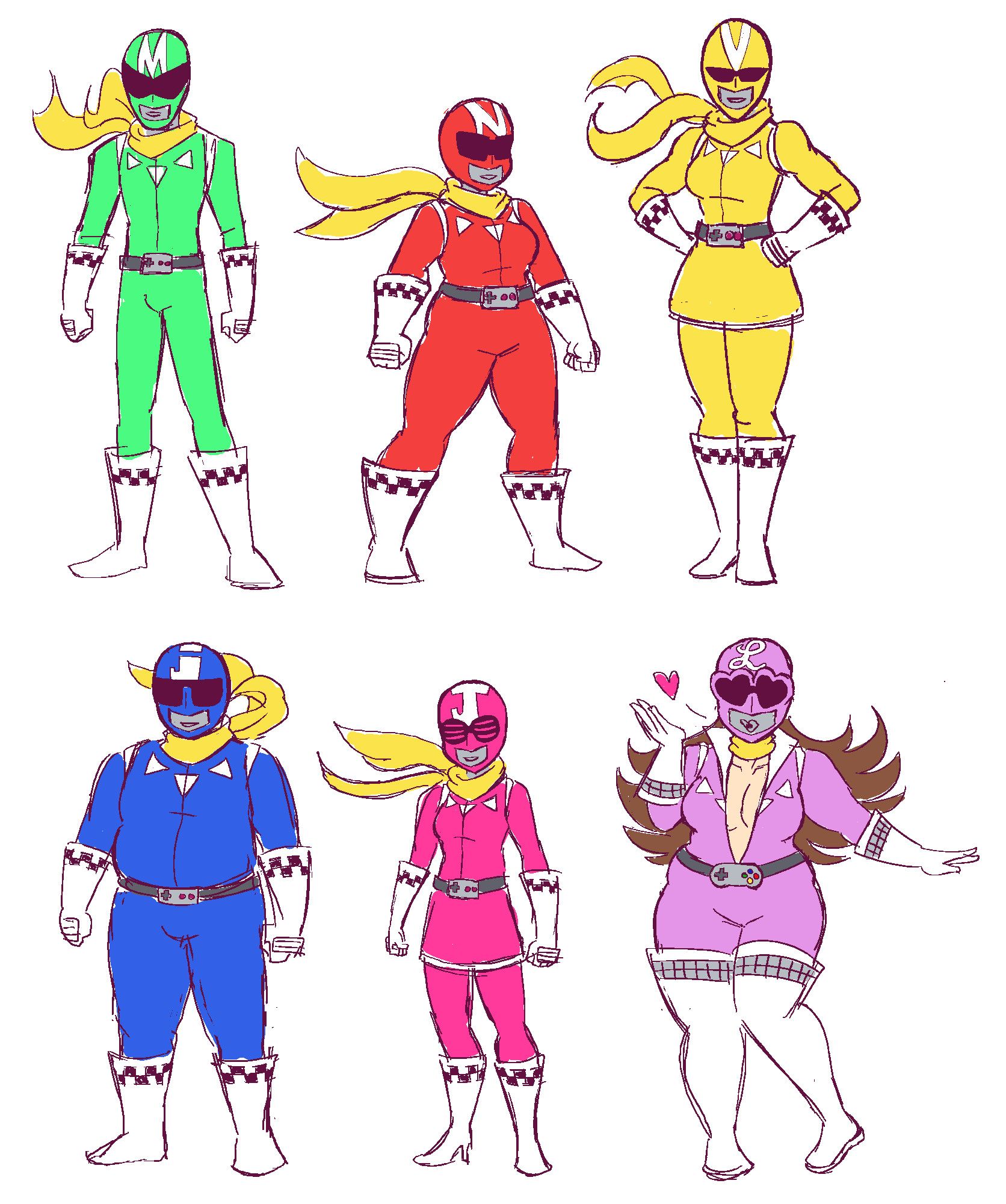 The cast of Meta & Nilla as a Power Rangers/Sentai team. They all wear yellow scarves and their visors all resemble sunglasses. They have Nilla's checkerboard pattern on their belts and Meta's animal tooth necklace  pattern on their chests. From left to right, Meta in green, Nilla in red, Van in yellow, Jeremy in blue, Janice in pink, and Lisa in lavender as the sixth ranger, showing her long hair and cleavage.