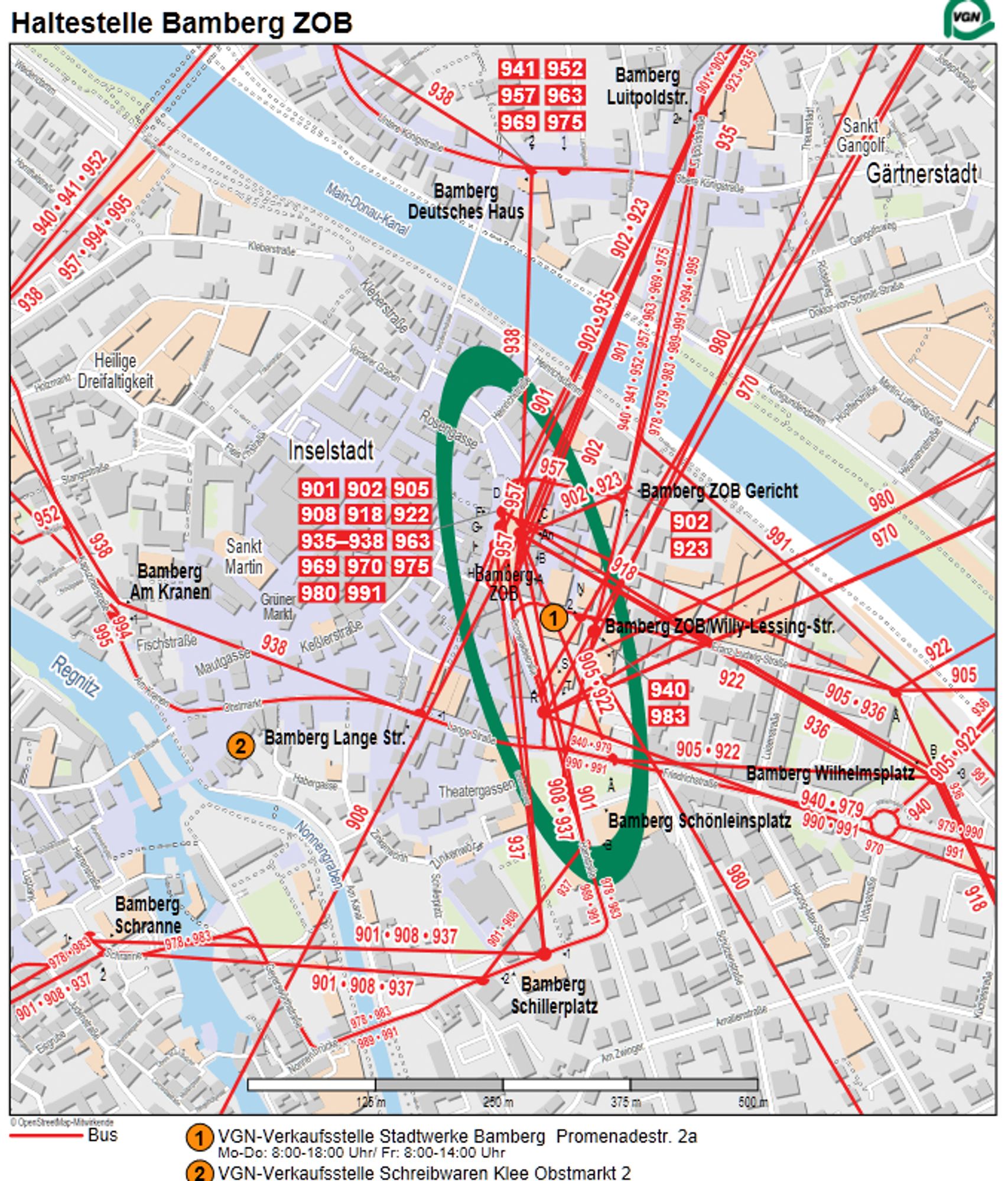 Stadtplanausschnitt zur Haltestelle Bamberg ZOB. Grüne Ellipse und viele rote Linien, die meist keinen Straßenverläufen folgen.