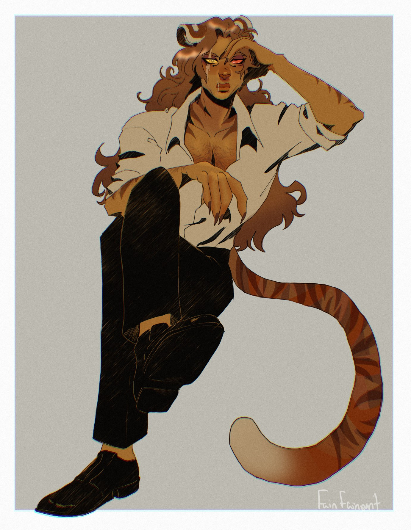 A tiger man with an annoyed expression sitting with one leg crossed over the other and his arm propped on top while he leans his head in his other hand. He wears black pants, black dress shoes and a white button up with undone buttons to reveal his chest