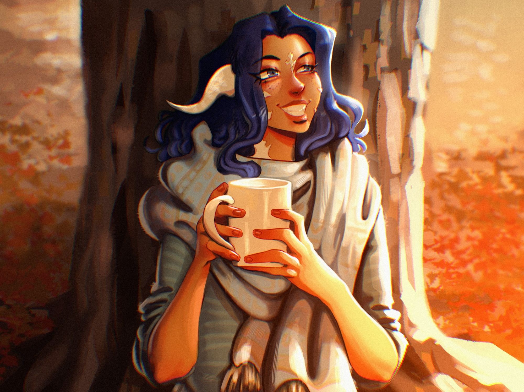 Commission of an Au ra girl with freckles and blue hair holding a mug as they sit against a tree, beaming as they look off into the warm autumn sunlight