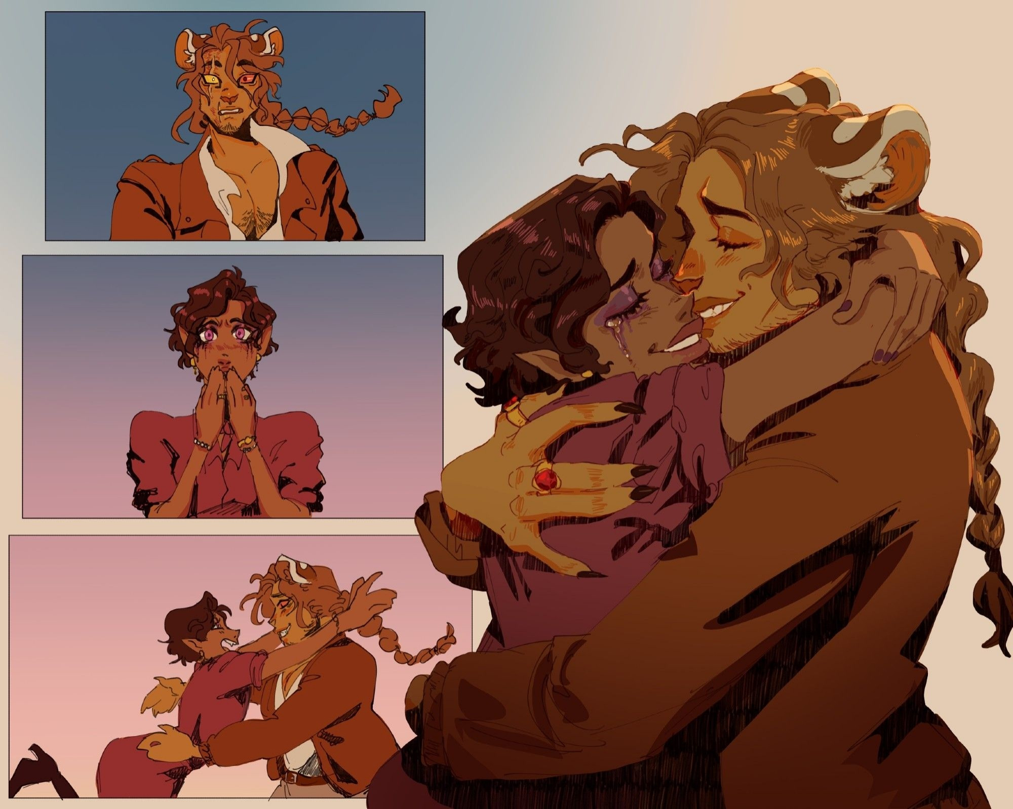 A sequential illustration of theee comic panels and one bigger illustration of ocs Oziah and Vlad reuniting and running into a hug