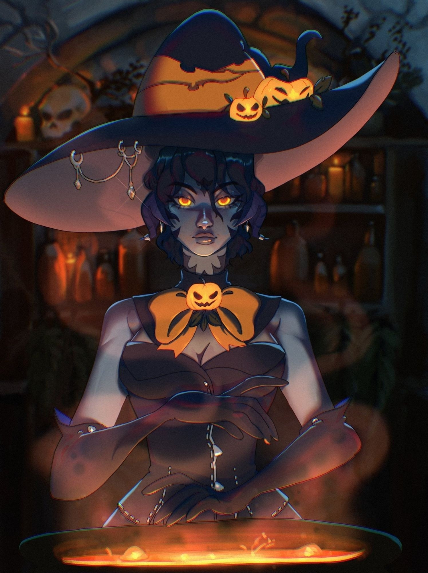 A commission of a blue skinned Au ra witch in a dimly lit room over a bubbling cauldron