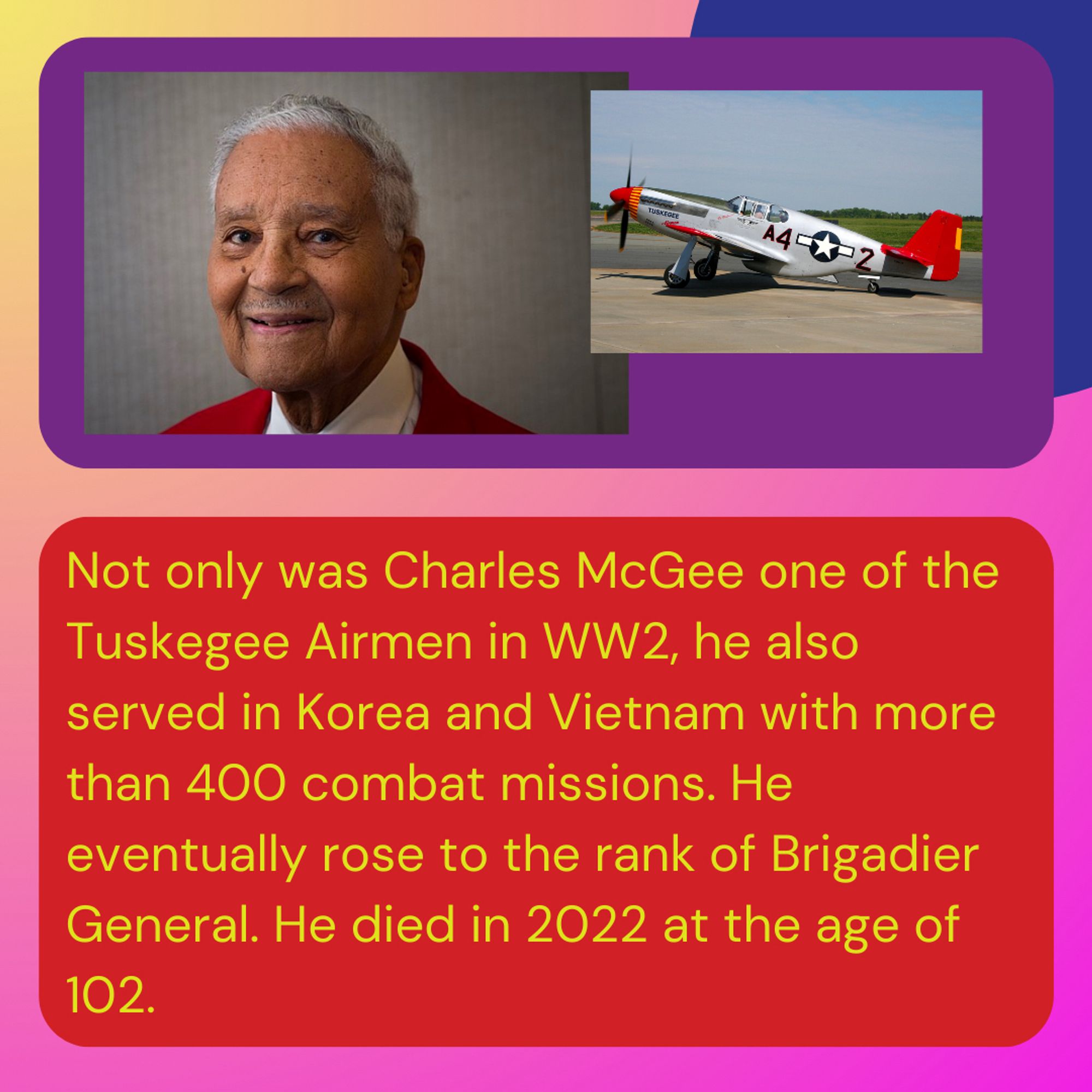 Not only was Charles McGee one of the Tuskegee Airmen in WW2, he also served in Korea and Vietnam with more than 400 combat missions. He eventually rose to the rank of Brigadier General. He died in 2022 at the age of 102.