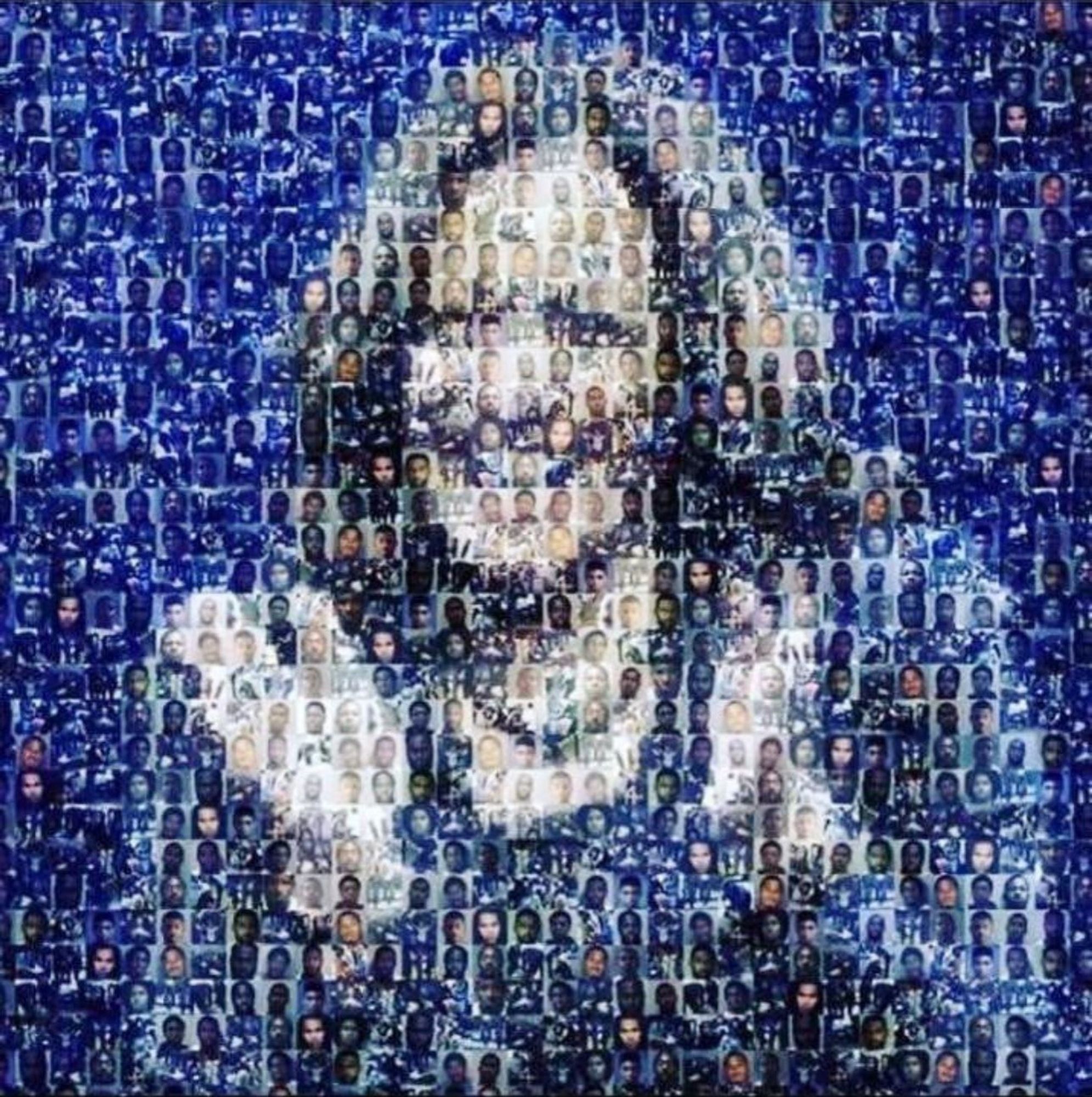 Mosaic of Kamala Harris made of her victims