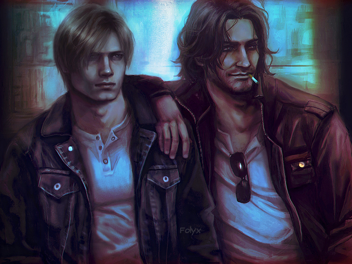 Luis Serra (from re4remake) has his hand on Leon Kennedy’s shoulder. He seems amused with a cigarette on his mouth. They seem to be at a bar commenting/looking at someone/something that catched their attention. Leon is wearing a dark blue denim jacket and Luis a brown leather jacket with a pair of sunglasses hanging on his shirt