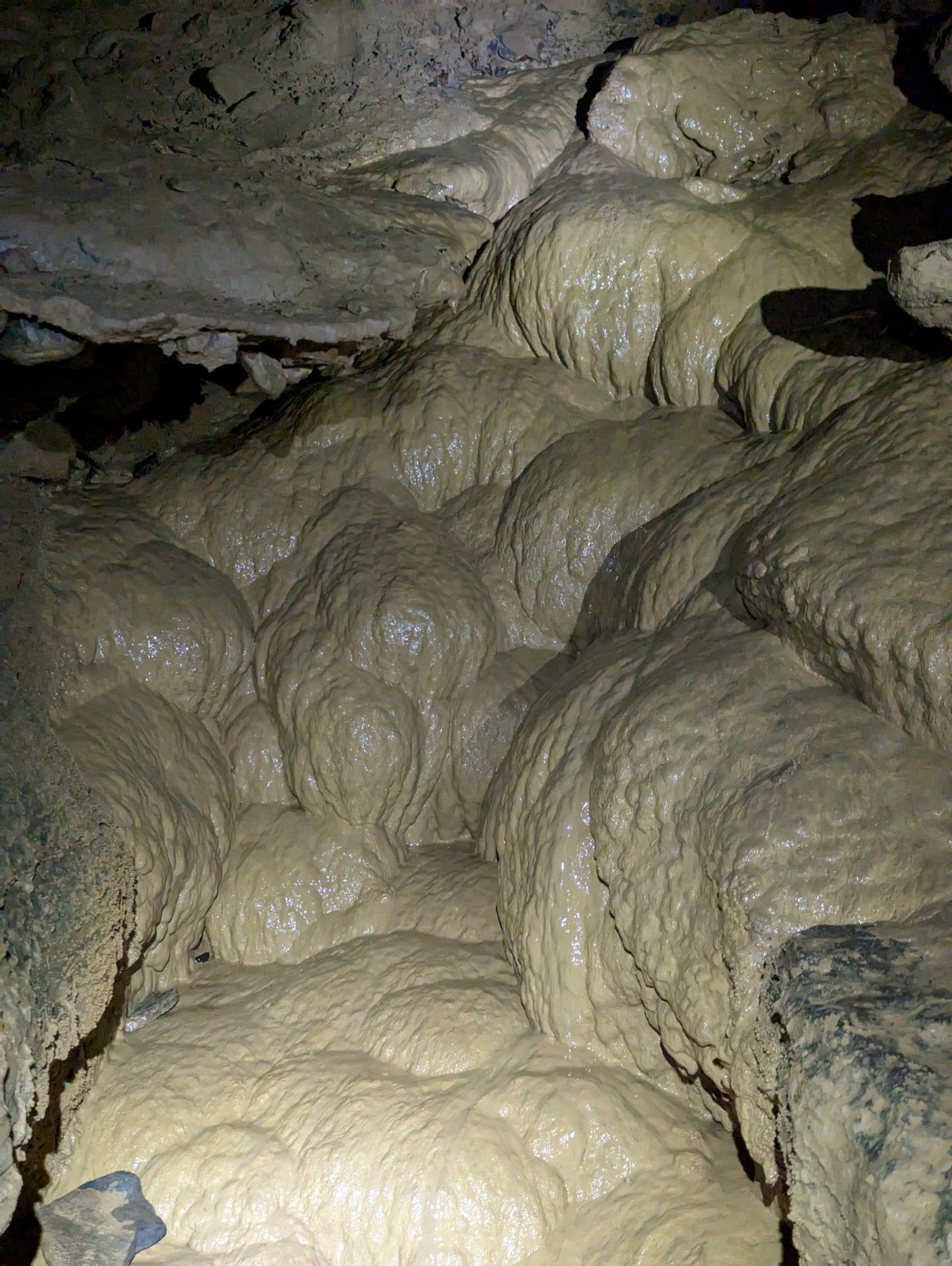 Mud-colored flowstone in an overlapping set of bulbous convex forms, streaked with small vertical flutes.