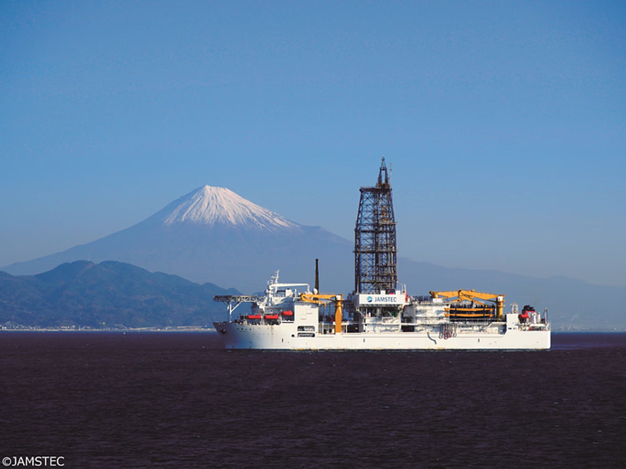 Drilling Vessel Chikyu, with Mt. Fuji in the background.