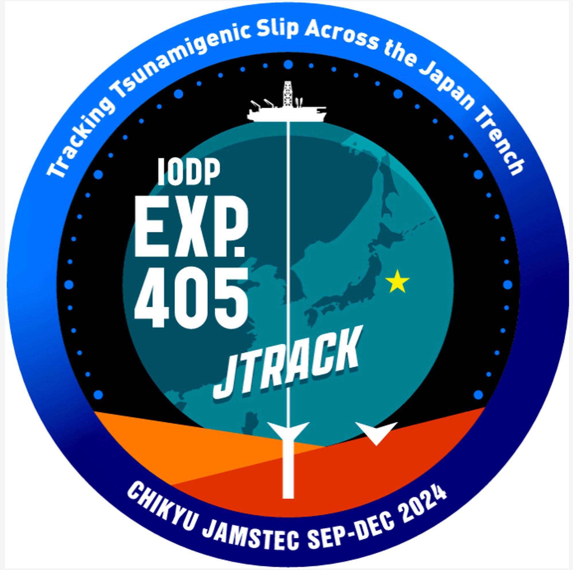 Logo of JTRACK, IODP expedition 405, titled "Tracking Tsunamigenic Slip Across the Japan Trench," aboard the D/V Chiku, organized by JMASTEC, from Sept to Dec 2024.