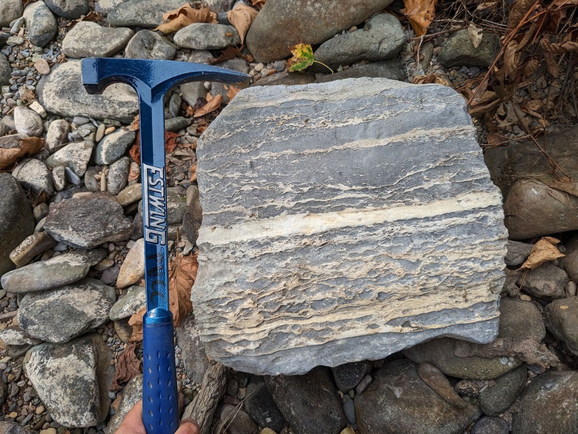 Photograph of a boulder showing internal layers within a streambed full of cobbles. A hammer serves as a sense of scale.