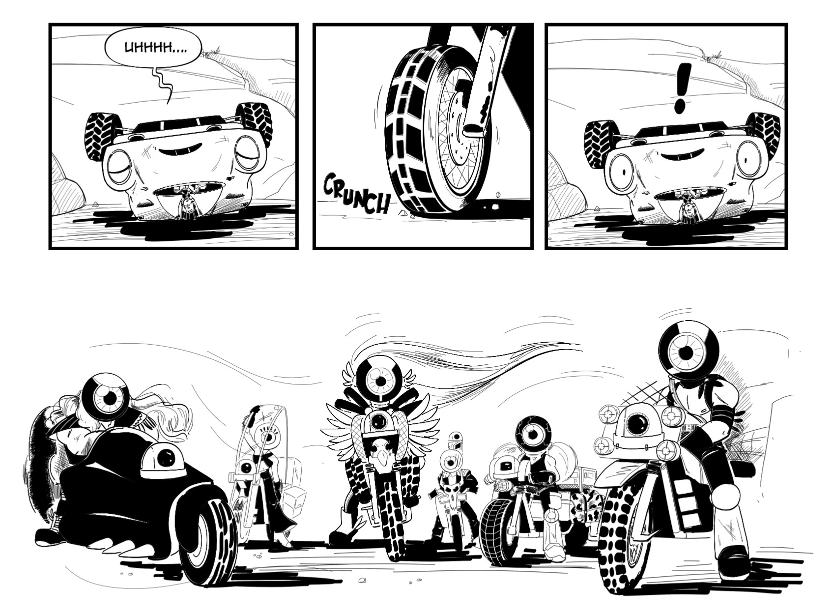 Worldracers Australia pg 9, Panel 1, Racecar landed flipped over from the short ledge,"Uhhhh...." Tess hangs in her seat. Panel 2, close up motorcycle wheel "crunch". Panel 3, Racecar open's their eyes, an exclamation point above their head. Panel 4, the five bikers have stopped their bikes, they sit intimidatingly around them. The wind blowing the leader with the wing motif's hair. The big eyes on their helmets staring at Tess and Racecar.