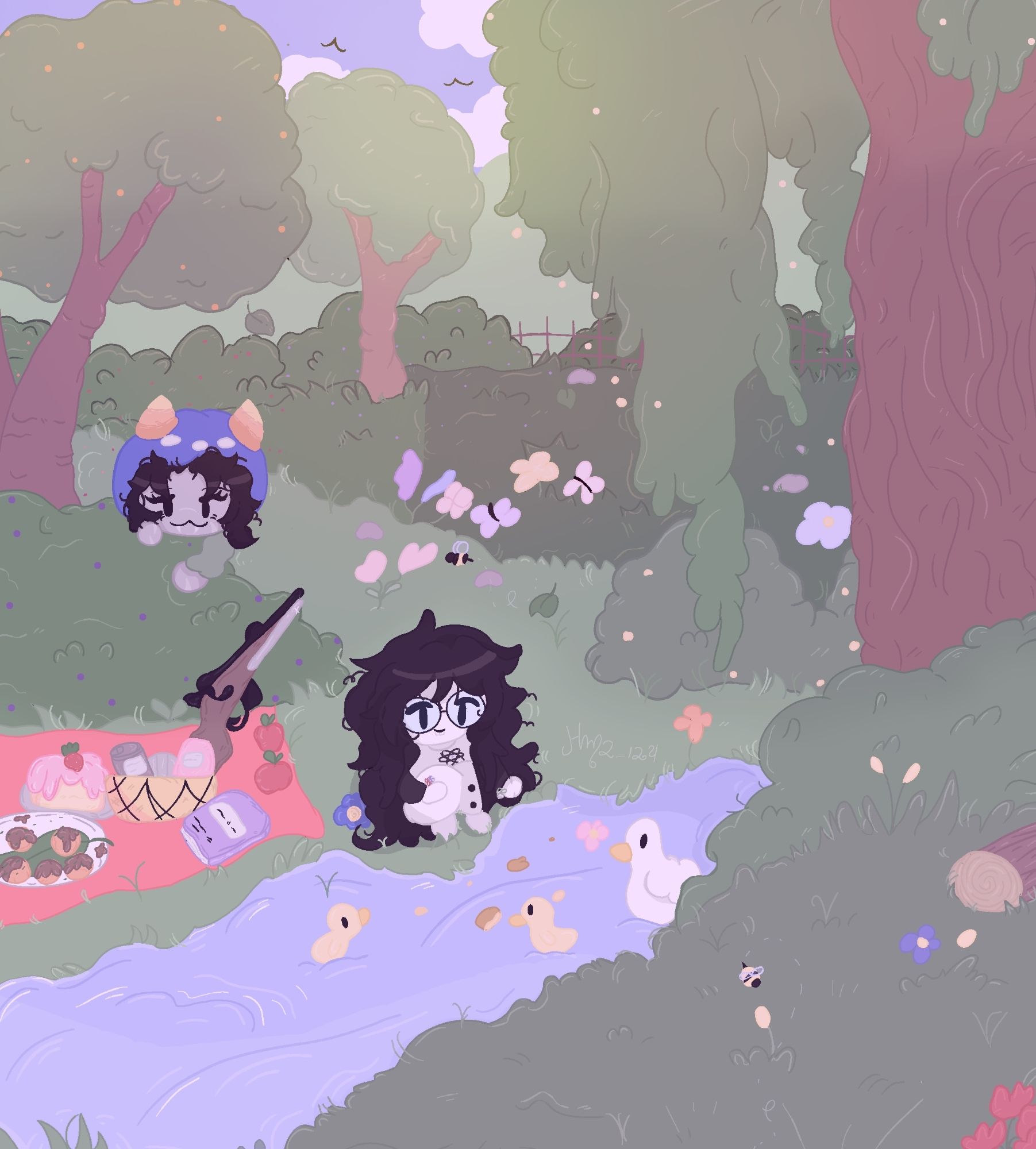 Jade e Nepeta em uma adorável floresta, fazendo um piquenique juntas. Jade alimentando os patinhos e Nepeta observando a fofamente.