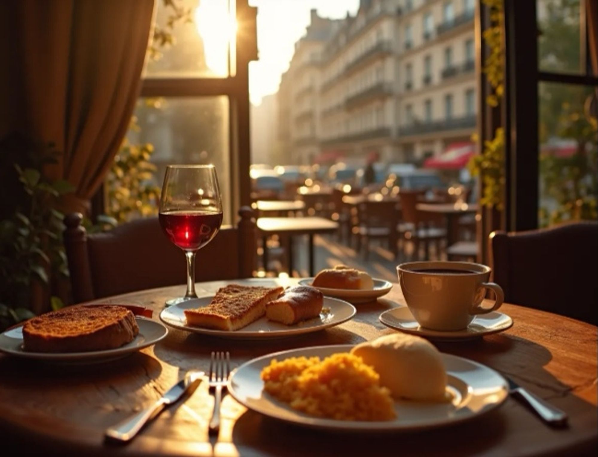 Das Bild zeigt einen gemütlichen Frühstückstisch in einem Pariser Café, beleuchtet von warmem, goldenem Sonnenlicht. Auf dem Tisch befinden sich verschiedene Gerichte: Eine Tasse Kaffee, ein Glas Rotwein, geröstetes Brot, eine Art Brioche, und ein Teller mit Reis und einem Ei. Im Hintergrund ist eine typisch Pariser Straßenszene mit Cafés und Gebäuden unter dem klaren Morgenhimmel zu sehen, was eine ruhige und entspannte Atmosphäre vermittelt.