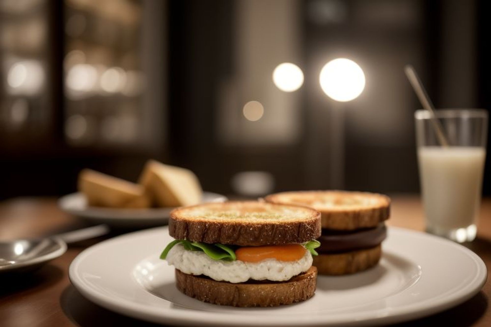 Eine Nahaufnahme von zwei Sandwiches auf einem weißen Teller in einem schwach beleuchteten Bistro. Das Sandwich im Vordergrund besteht aus gerösteten Brotscheiben mit einer weißen Füllung, mit Ei und grünen Kräutern. Dahinter befindet sich ein weiteres, dunkleres Sandwich. Seitlich ist ein verschwommener Teller zu sehen, auf dem sich vermutlich Käse befindet, sowie ein hohes Glas Milch mit einem Strohhalm. Der Hintergrund ist unscharf, mit warmen, glühenden Lichtern, die eine gemütliche Atmosphäre erzeugen.