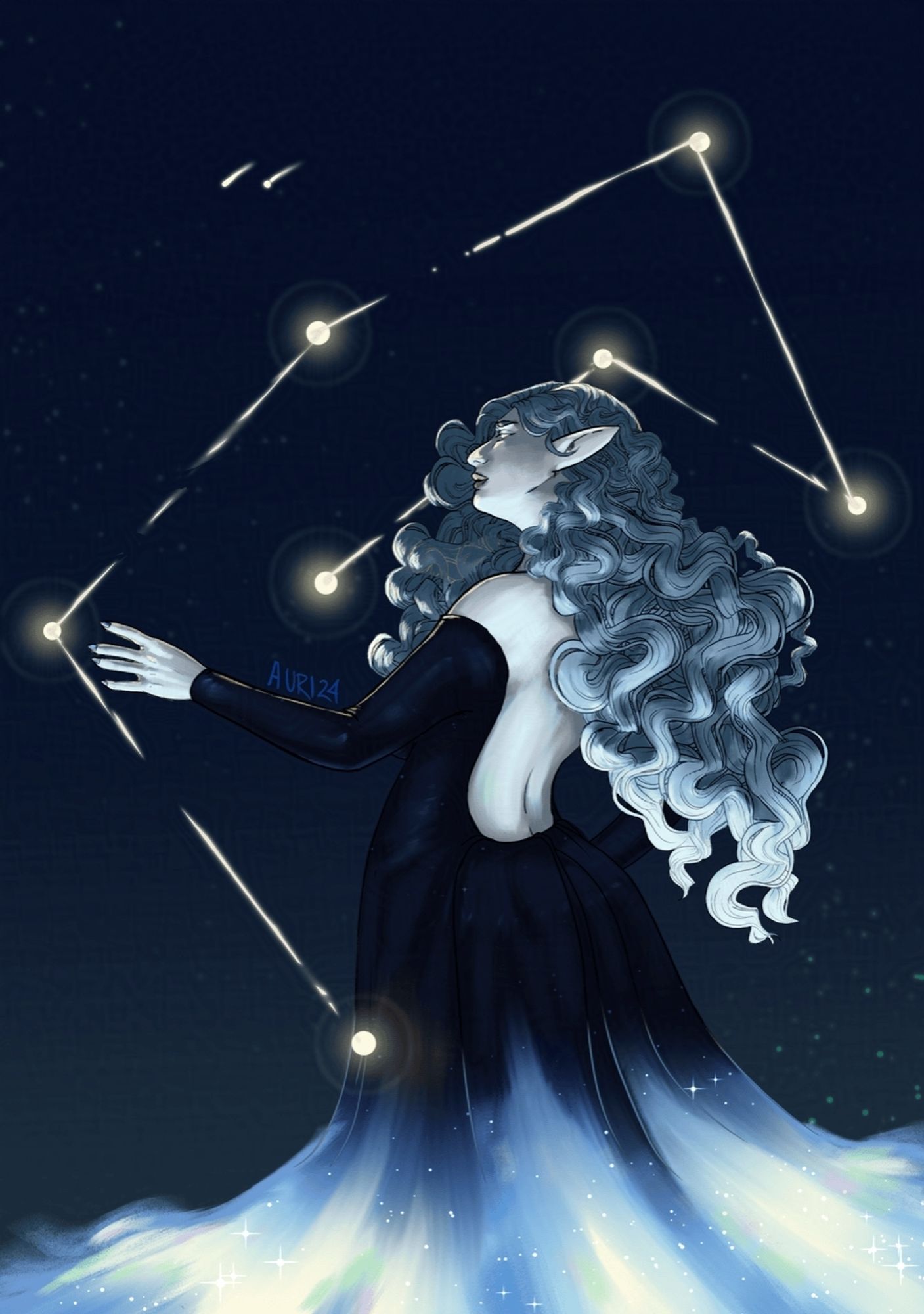 Very pale female elf with snow white skin and hair. Wearing a dark dress that fades into starlight at the bottom. There are seven stars around her all connected by beams of light.