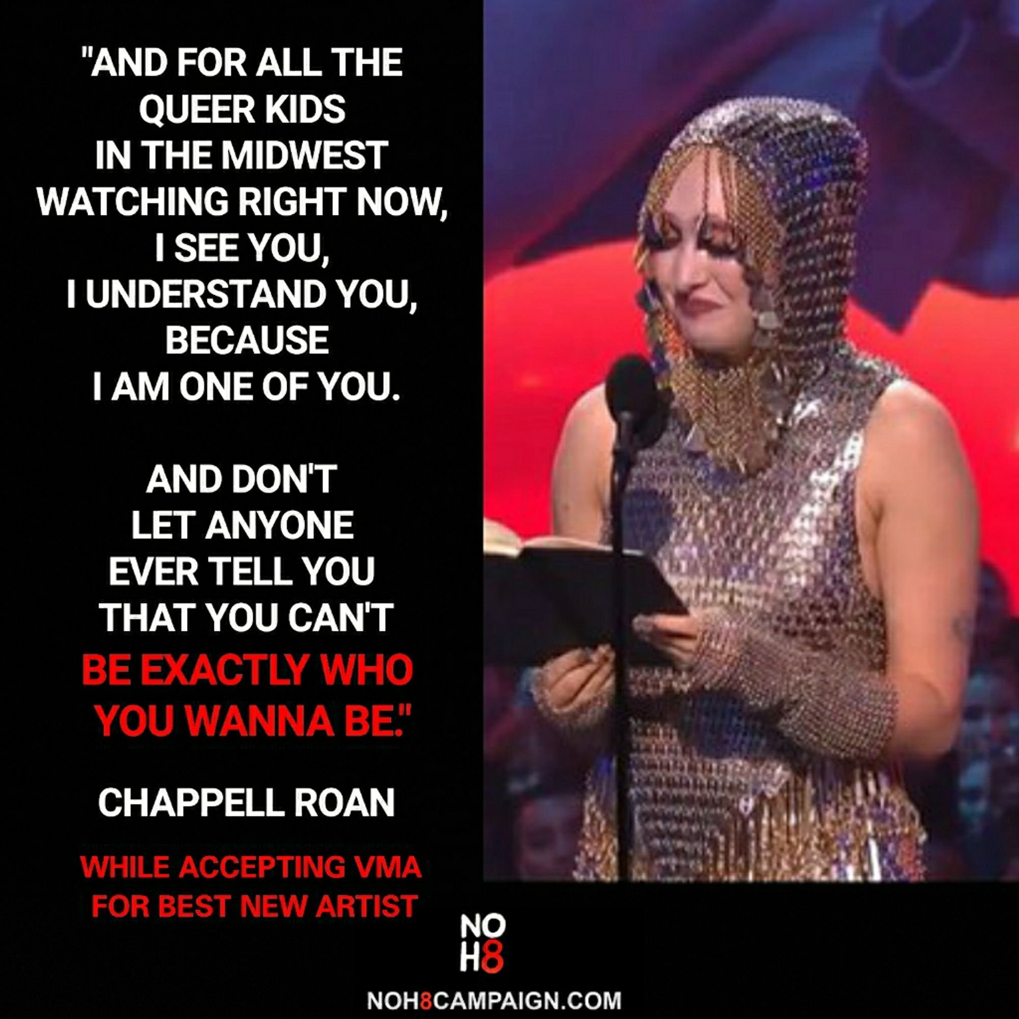 "And for all the queer kids in the Midwest watching right now, I see you, I understand you, because I am one of you. And don't let anyone ever tell you that you can't be exactly who you wanna be."  - Chappell Roan while accepting #VMA for Best New Artist