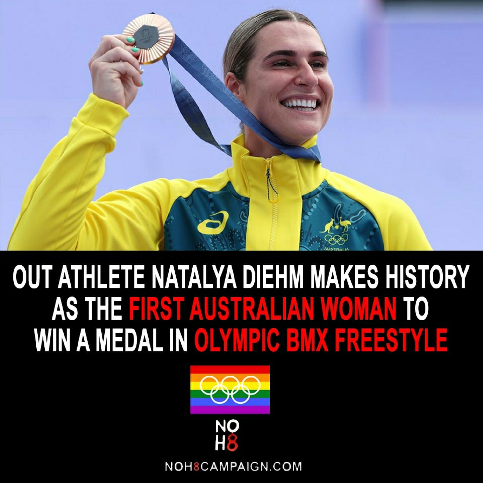 Out athlete Natalya Diehm makes history as the first Australian woman to win a medal in Olympic BMX freestyle #NOH8 #ParisOlympics2024