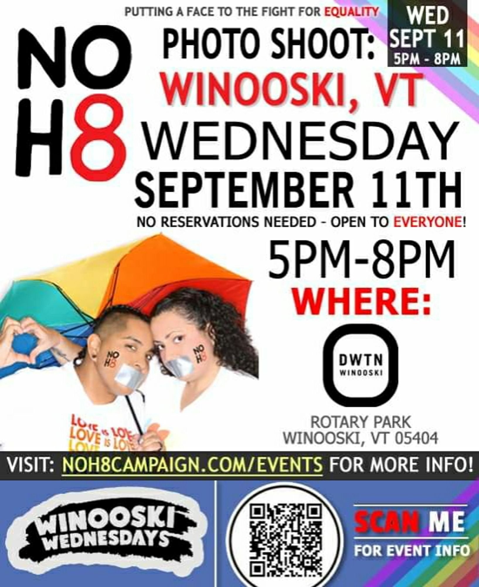 REMINDER! #NOH8 photo shoot TODAY (9/11) in #Winooski, VT: tinyurl.com/cff7369e