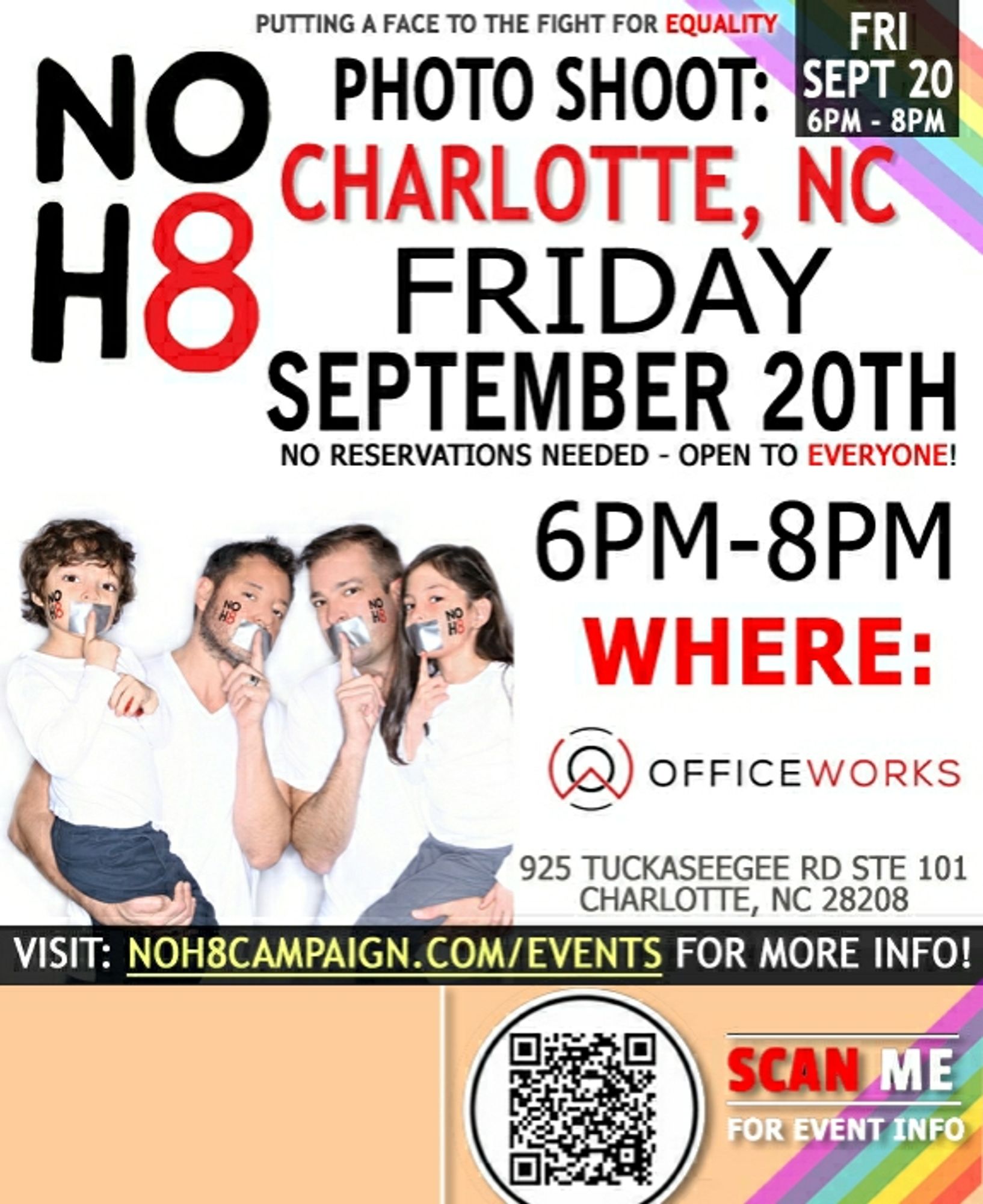 Today is the day! Join us for a #NOH8 photo shoot TODAY (9/20) in #Charlotte, NC: tinyurl.com/2d7f3jxj