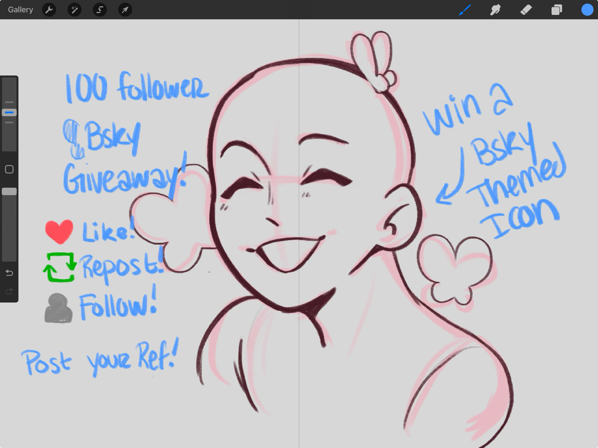 100 follower giveaway post. Included information of what to do to enter “like, repost, follow and post your ref.” Includes a blank version of the icon the winner will receive. 