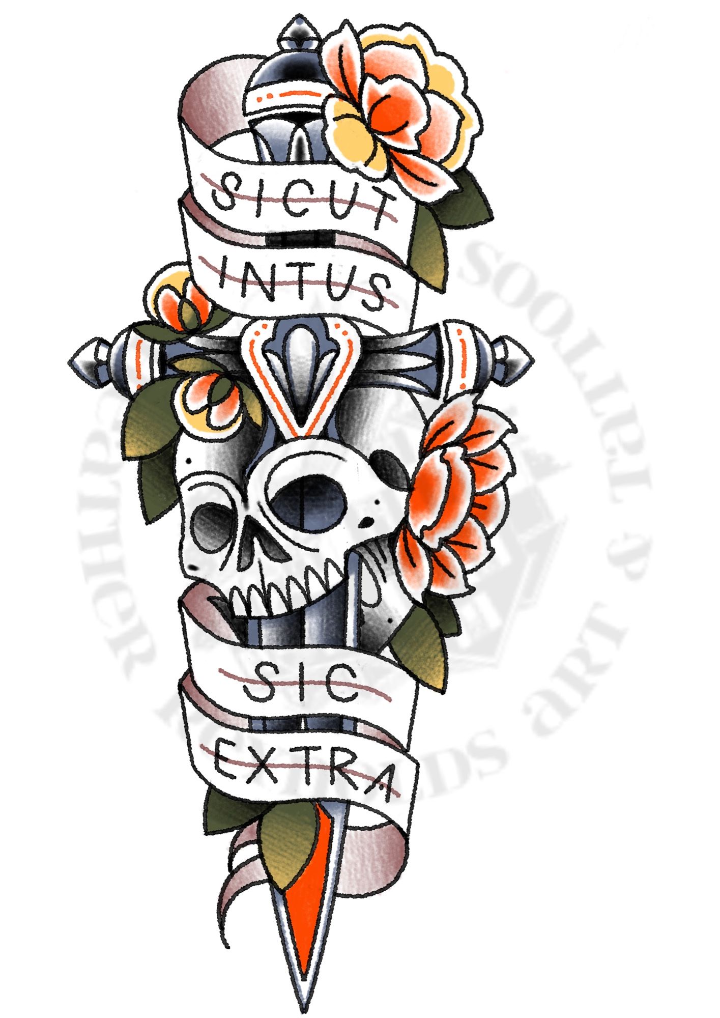 skull, dagger and peonies done in american traditional tattoo style with muted colors and latin phrase ‘sicut intus sic extra’