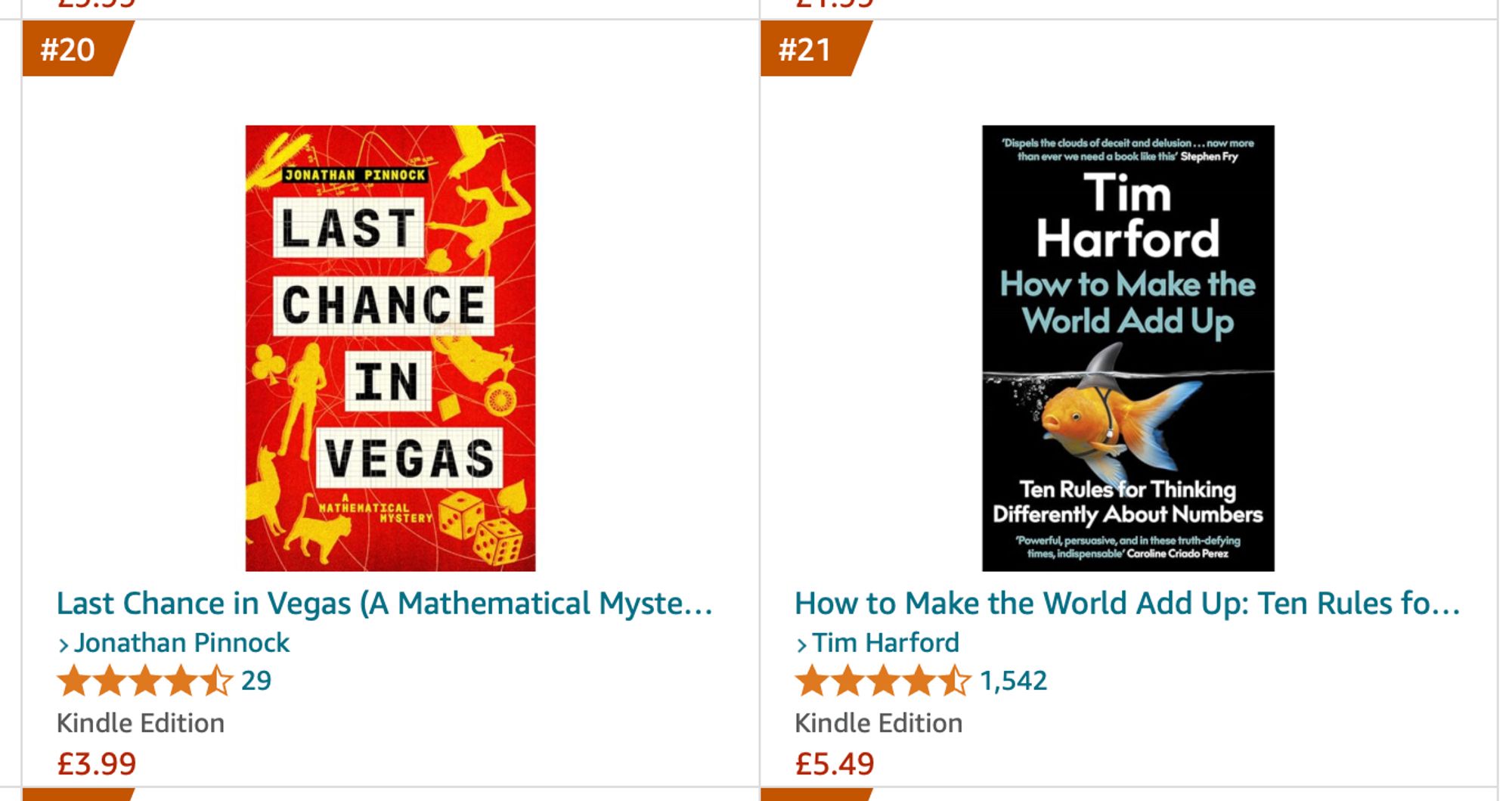 Clip from Amazon's Kindle Mathematics Chart, showing LAST CHANCE IN VEGAS marginally ahead of one of the excellent Tim Harford's books.