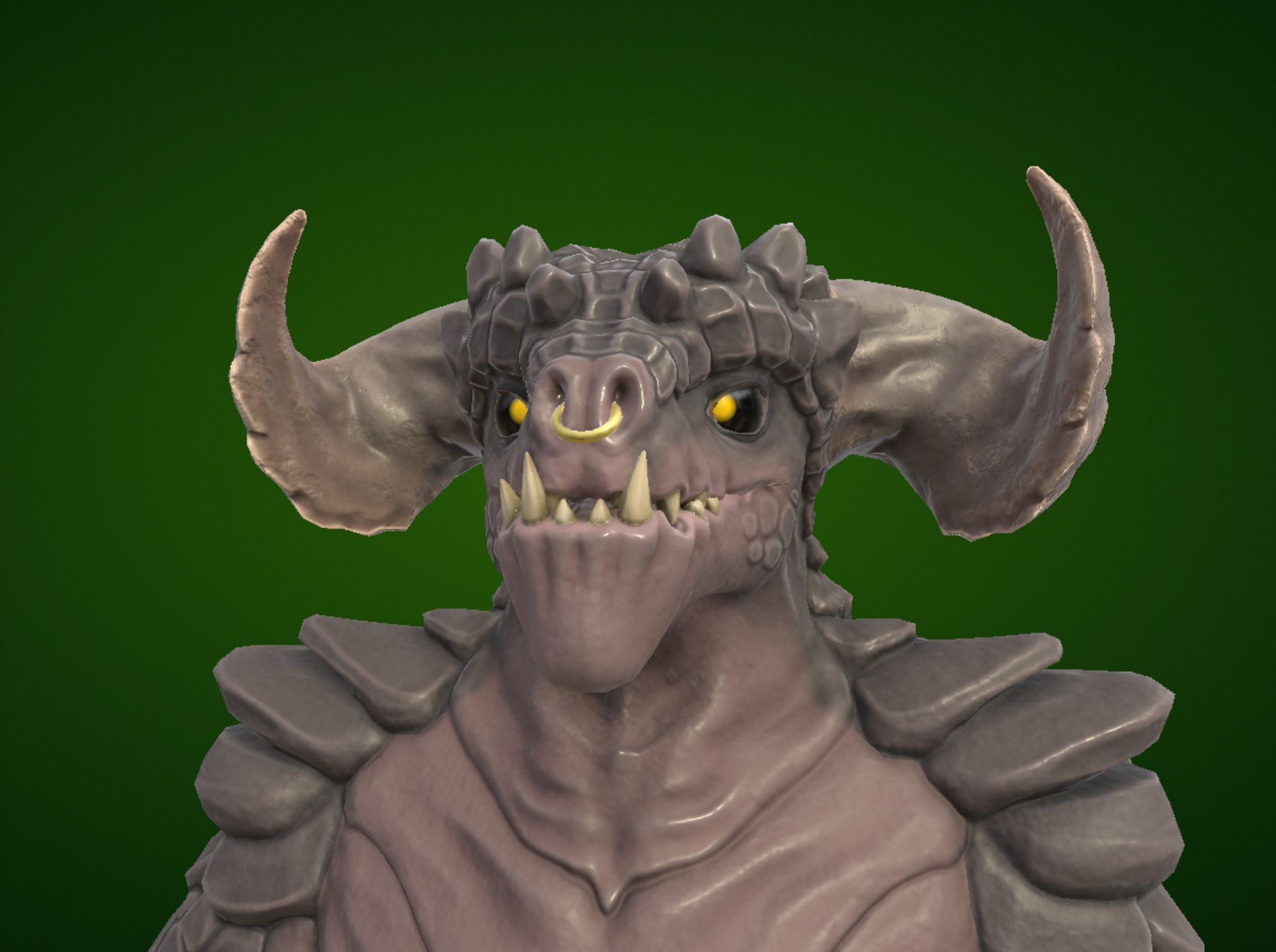 Anthro Deathclaw looks at the camera. I opened it's eyes and closed it's mouth so it looks alive and composed. It has a brass nosering.