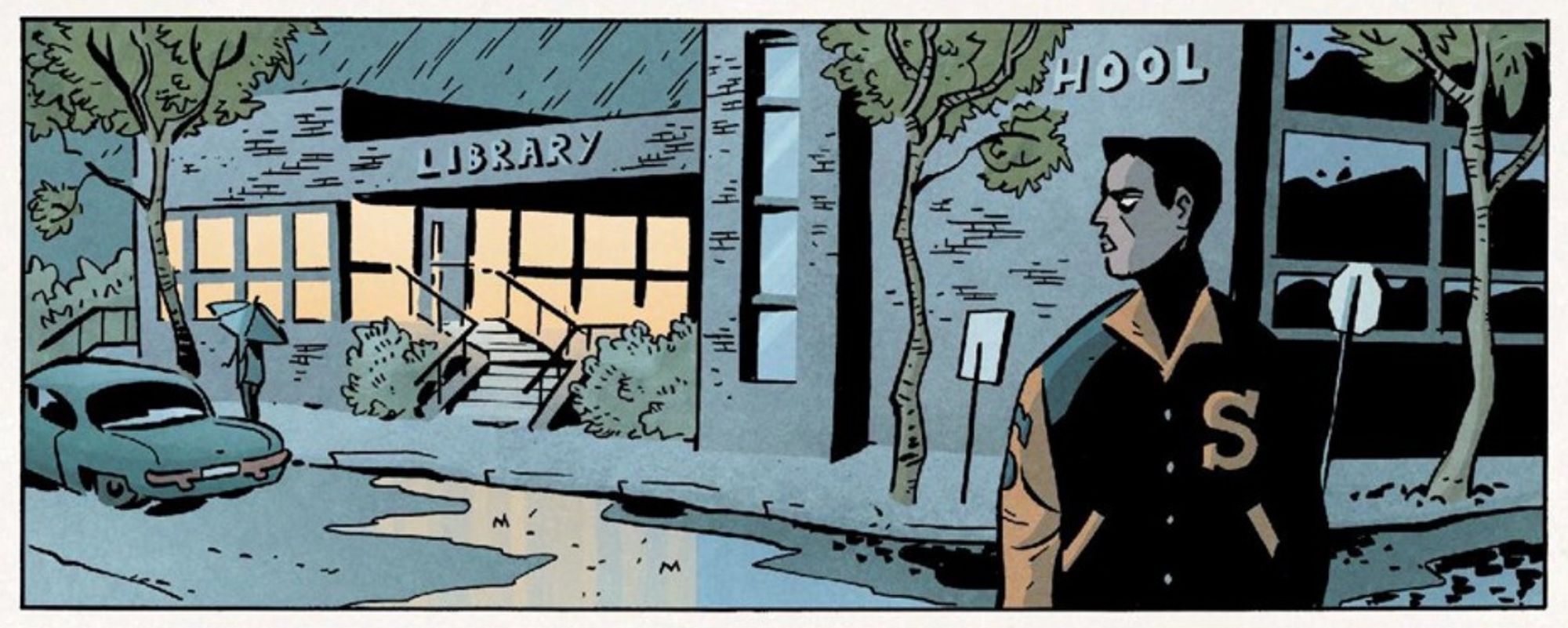 A panel from Love Everlasting issue 3 depicts a male teenager looking grim as he looks back over his shoulder at a library.