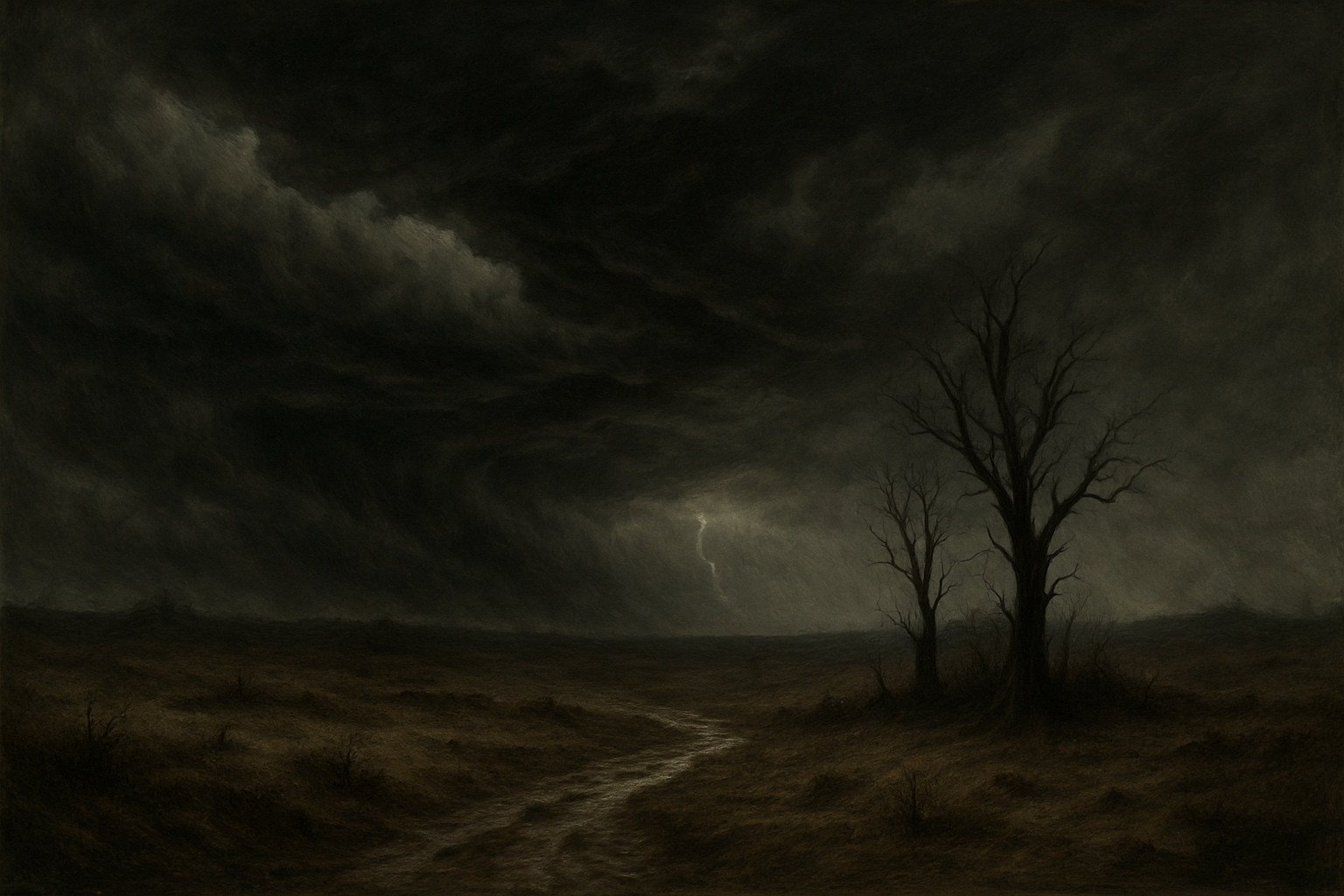 The Silence Before the Storm captures the fragile moment before nature unleashes its fury. A barren path winds through a desolate plain, leading the eye toward a sky thick with ominous clouds. Lightning pierces the horizon, casting fleeting light upon the withered trees standing in solitude. The piece speaks of foreboding, fragility, and the immense power of nature looming just beyond the stillness.

Art copyright ©Yves Broeckx
This is digitally created art
concept and execution by Yves