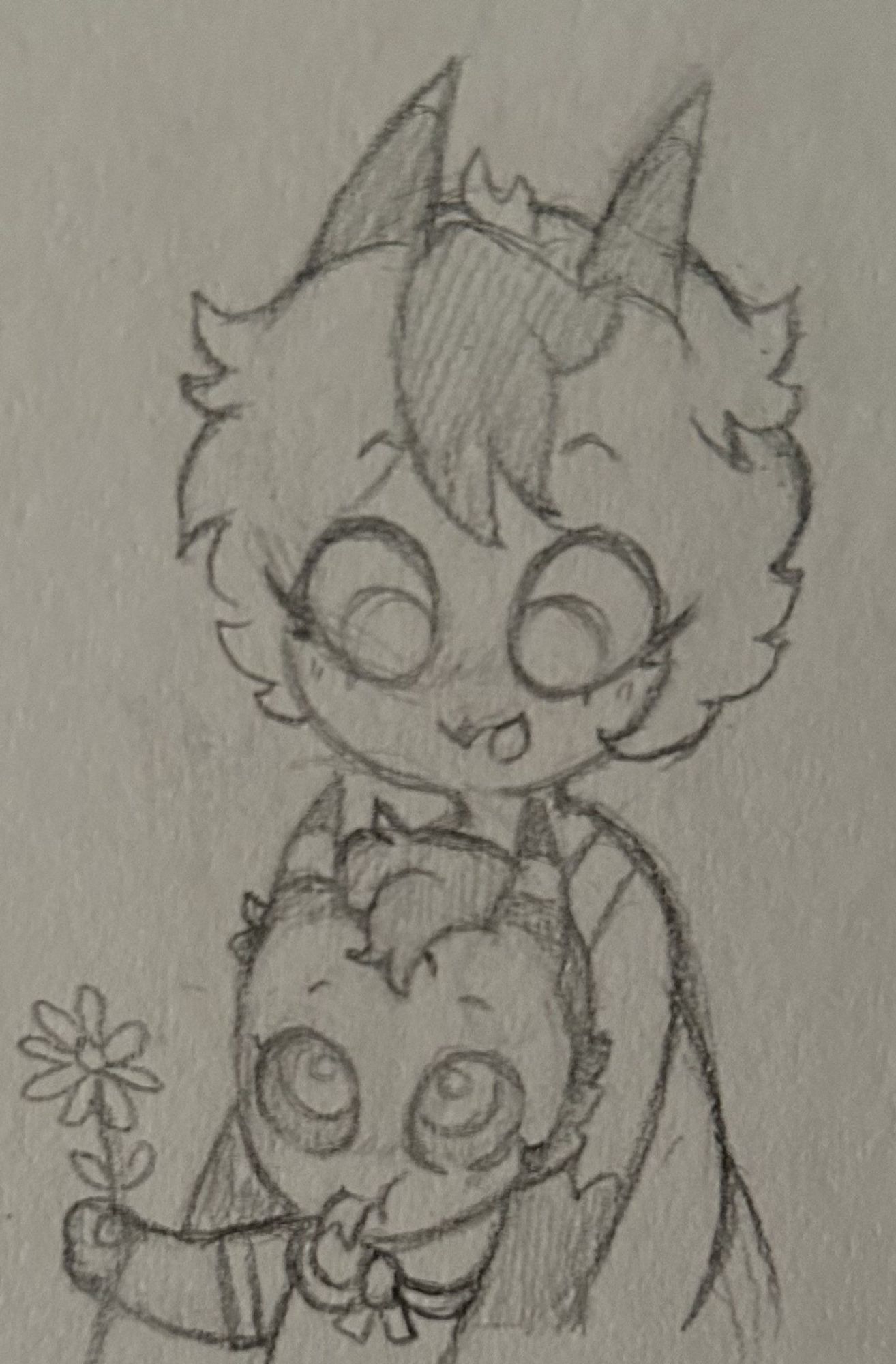 A pencil drawing of Stellaluna and Aster, a pair of Stolitz kids, where Stellaluna is holding him and speaking and he's holding a flower with his tongue sticking out.