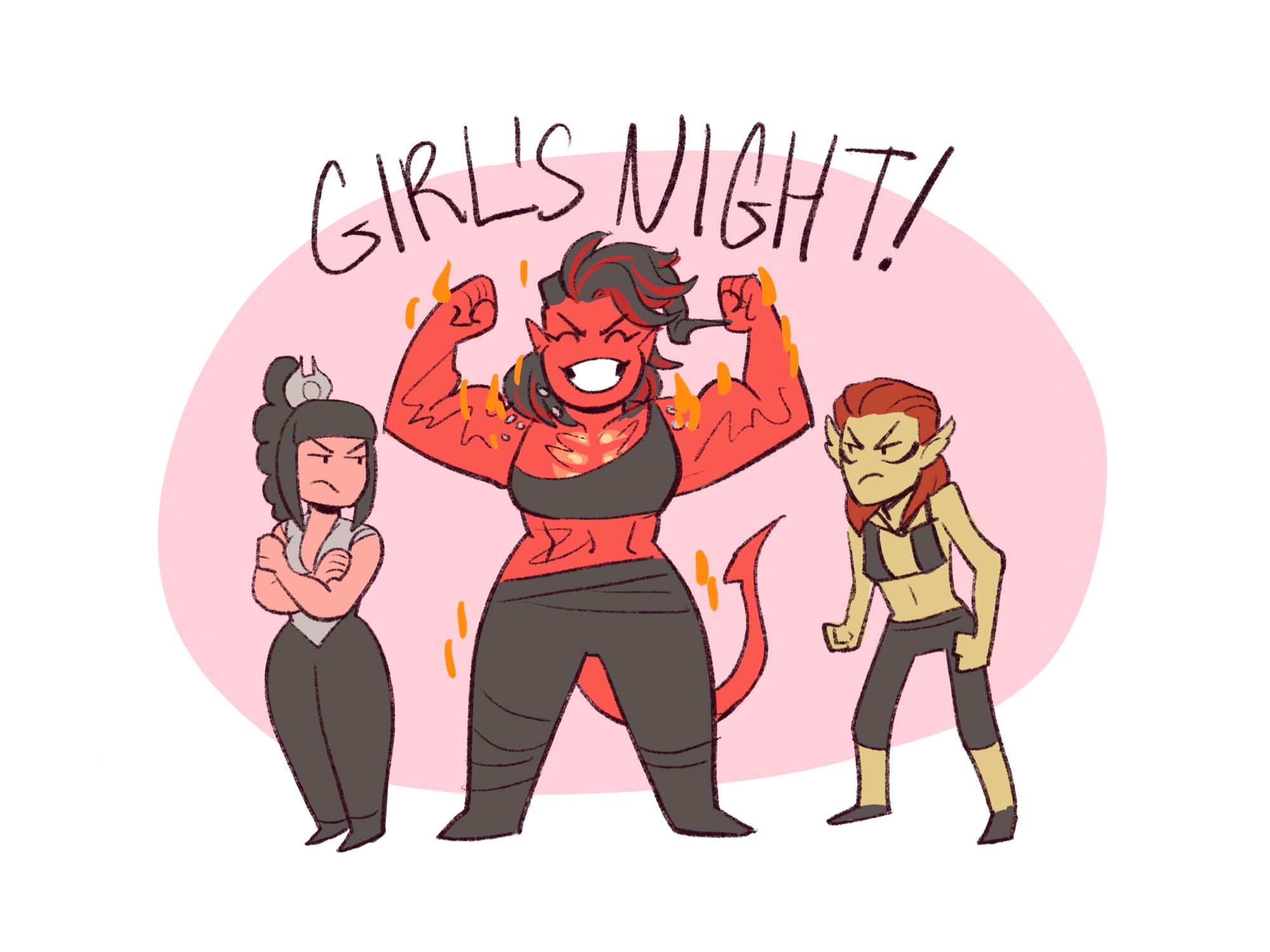 Girl’s night: Karlach flexes with a big grin while Shadowheart and Lae’zel glare at each other