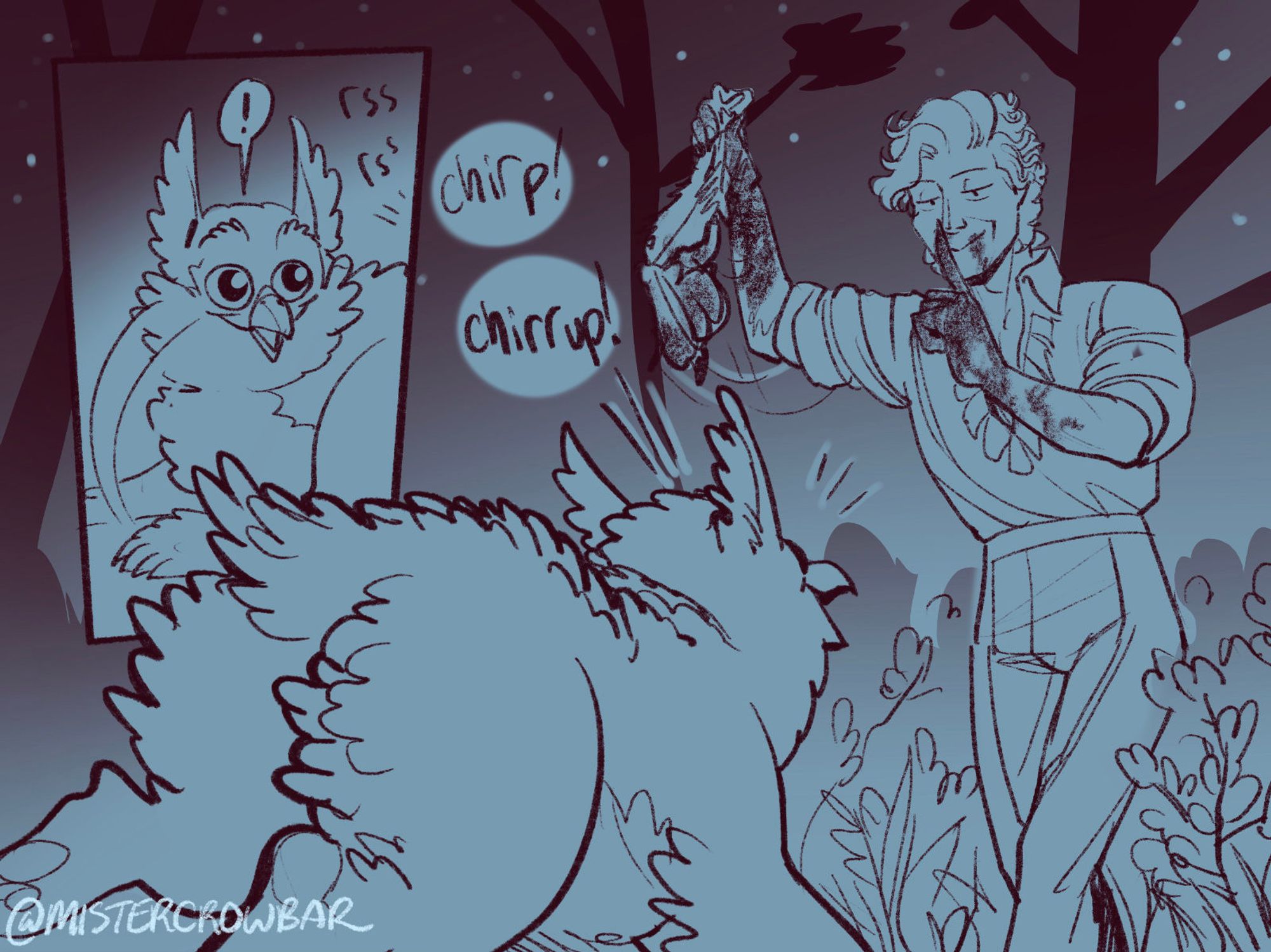 Baldur's Gate 3 comic. At night, the owlbear cub awakes and chirps excitedly as it runs towards Astarion, who has returned from hunting with some animal's leg for the cub. Astarion hold a blood-covered hand in front of his face to gesture silence to the cub.